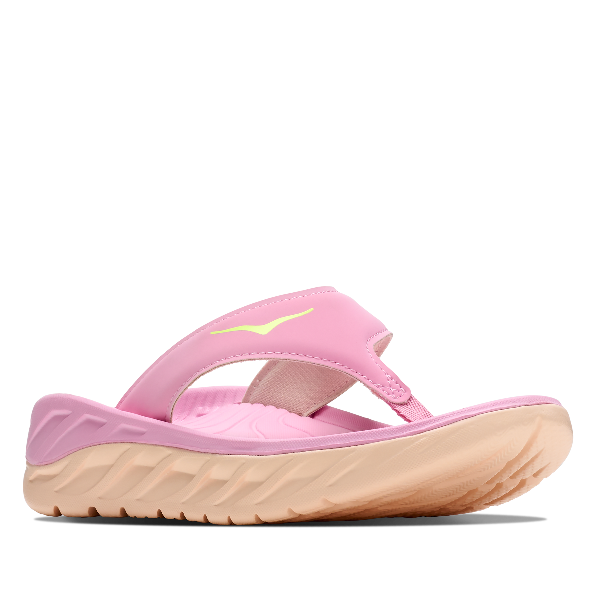 Pink sandal with a yellow logo on a white background