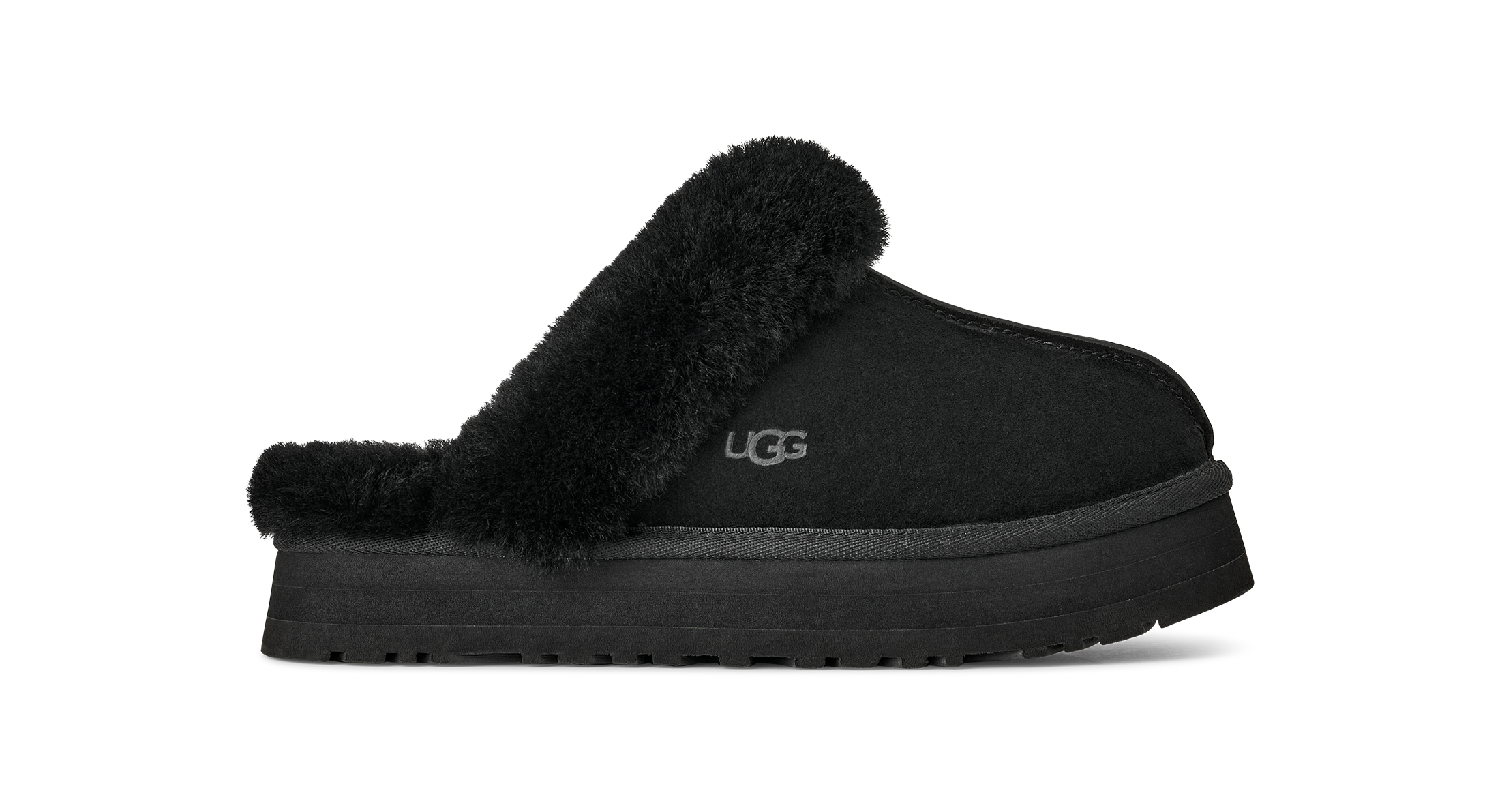 A single black UGG slip-on mule slipper with a plush black faux-fur collar and a thick black platform sole, shown from the side on a white background.