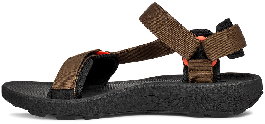 Brown and black sandal with multiple straps on a white background