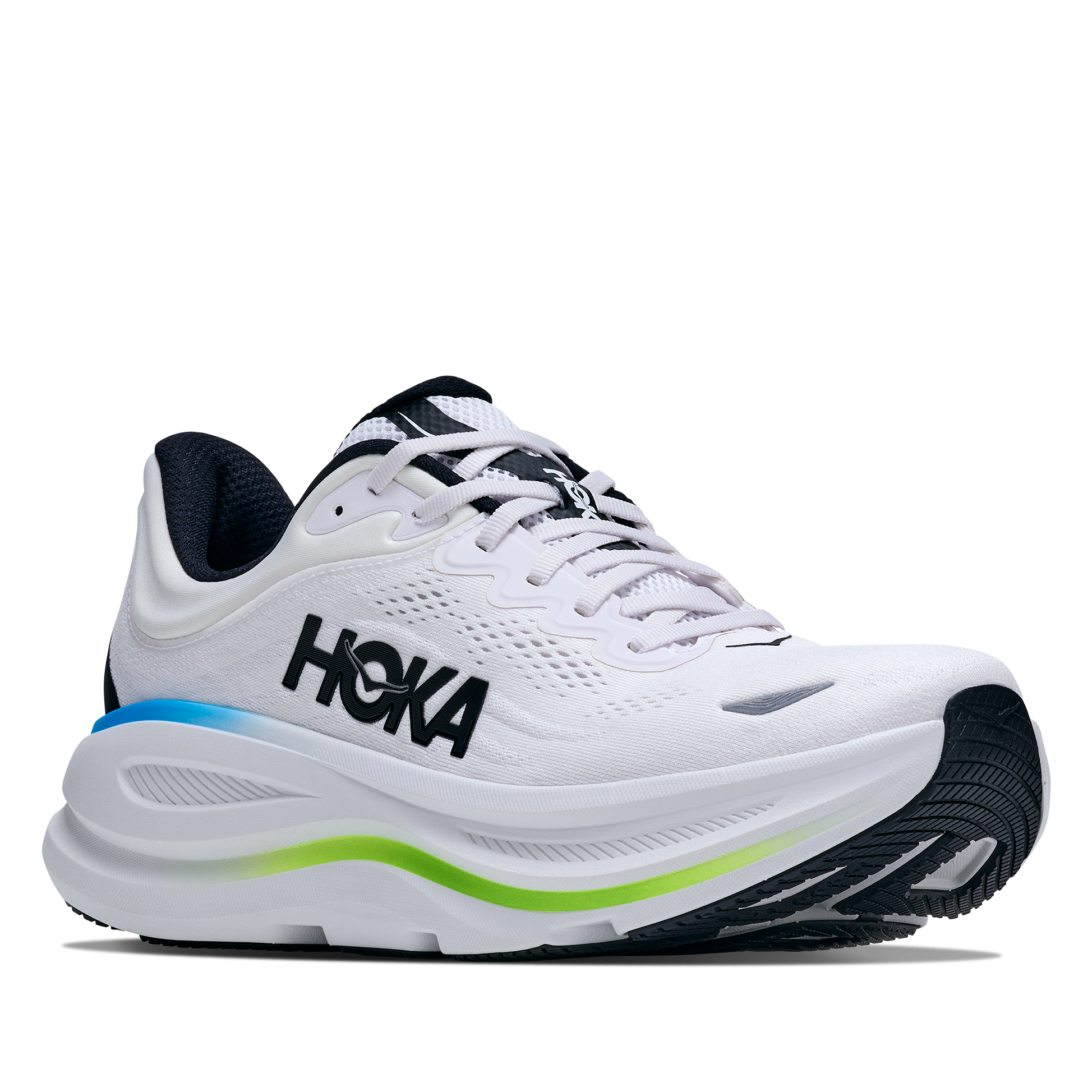 White running shoe with black and blue accents on a white background