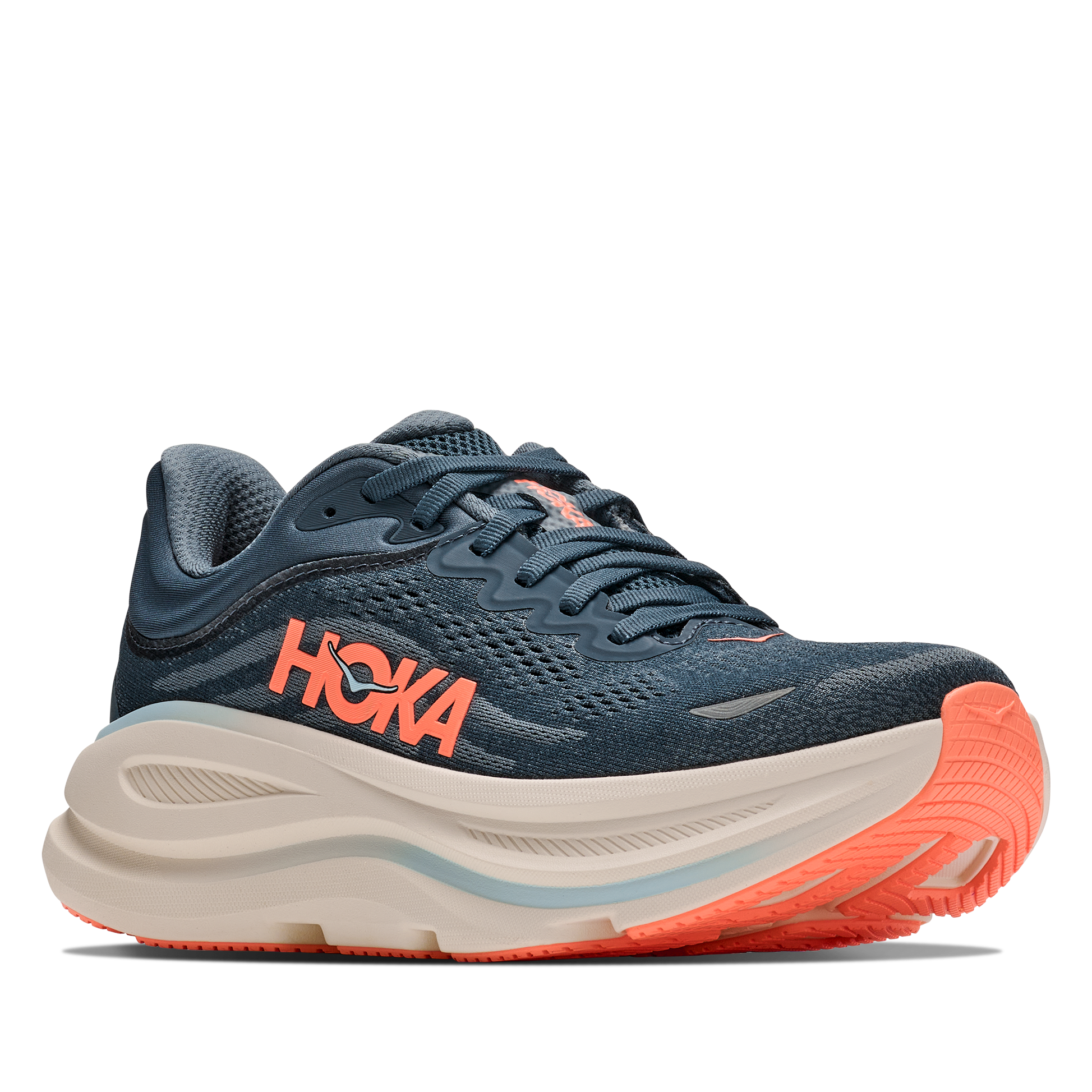 Blue running shoe with orange sole and Hoka branding on a white background