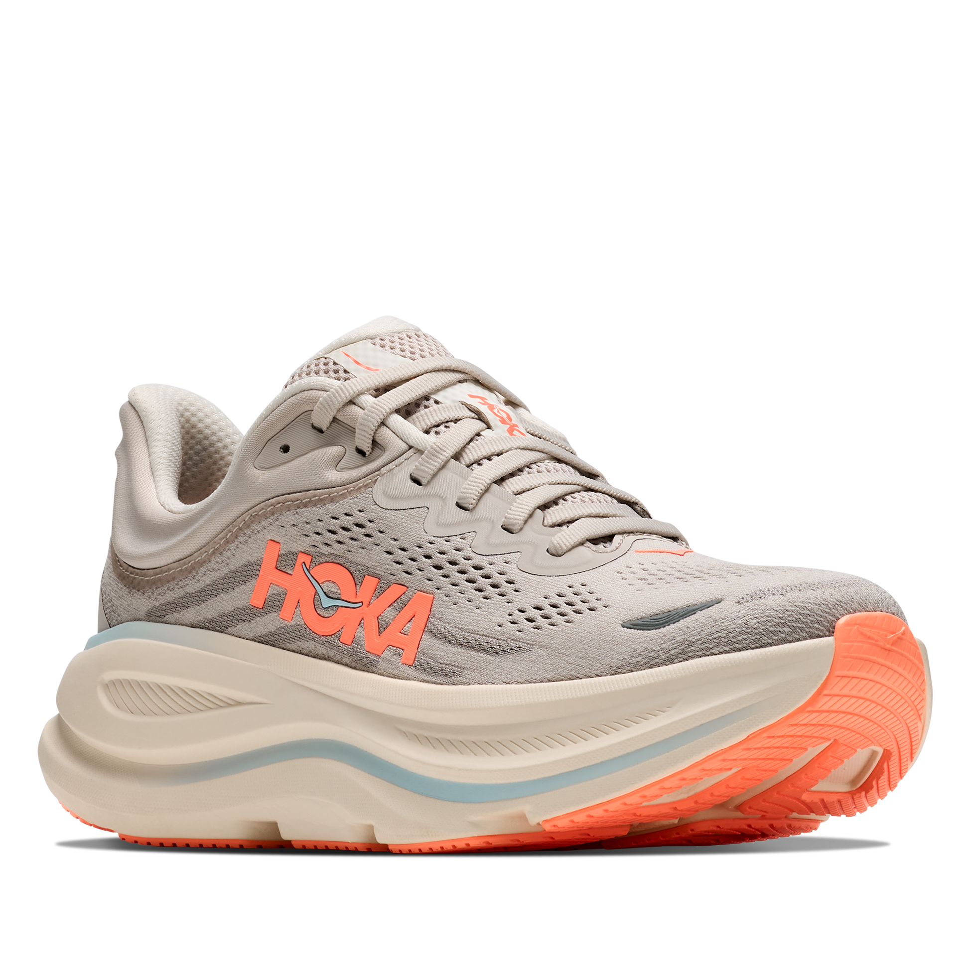 Gray running shoe with orange sole and 'Hoka' branding on a white background