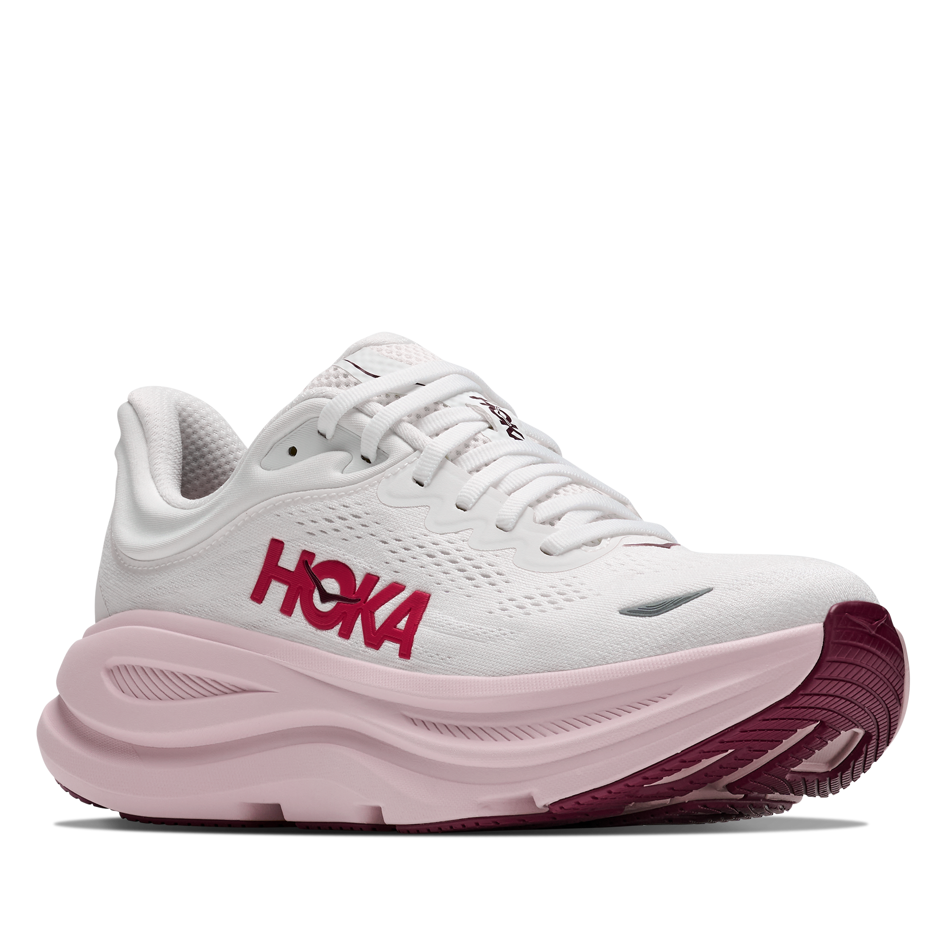White and pink running shoe with 'Hoka' branding on a white background