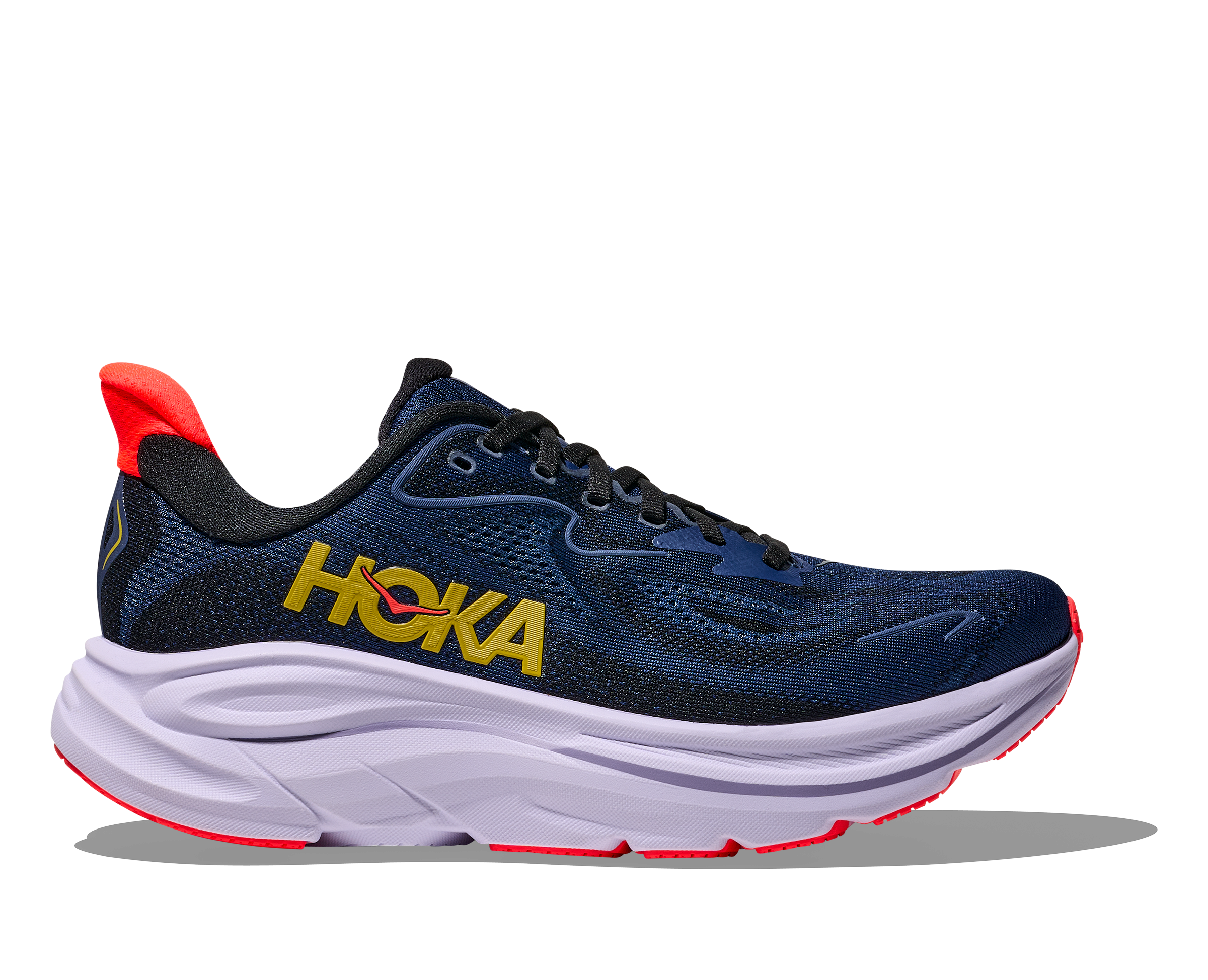 Blue running shoe with red accents and 'Hoka' branding on a white background