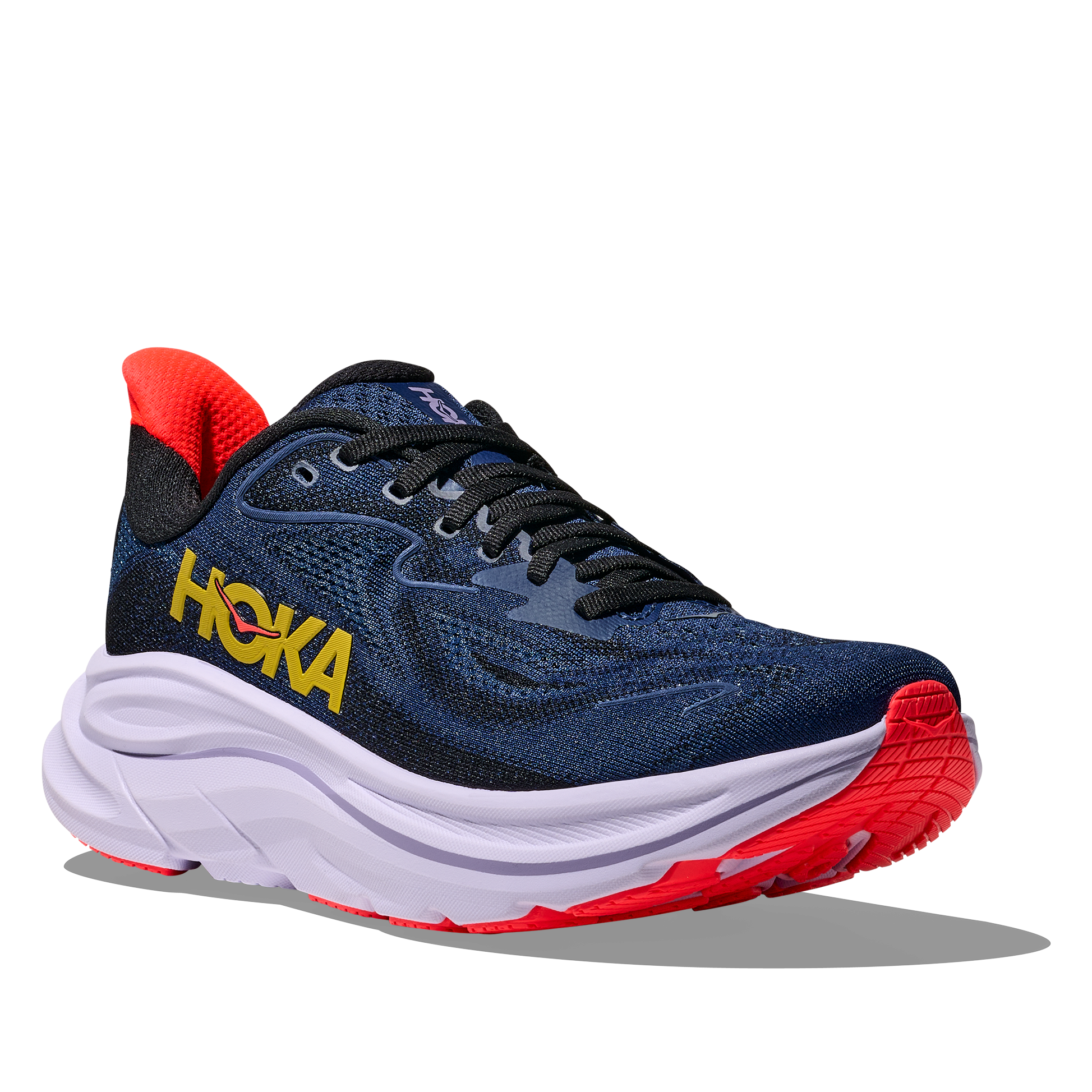 Blue running shoe with red accents and yellow 'Hoka' branding on a white background