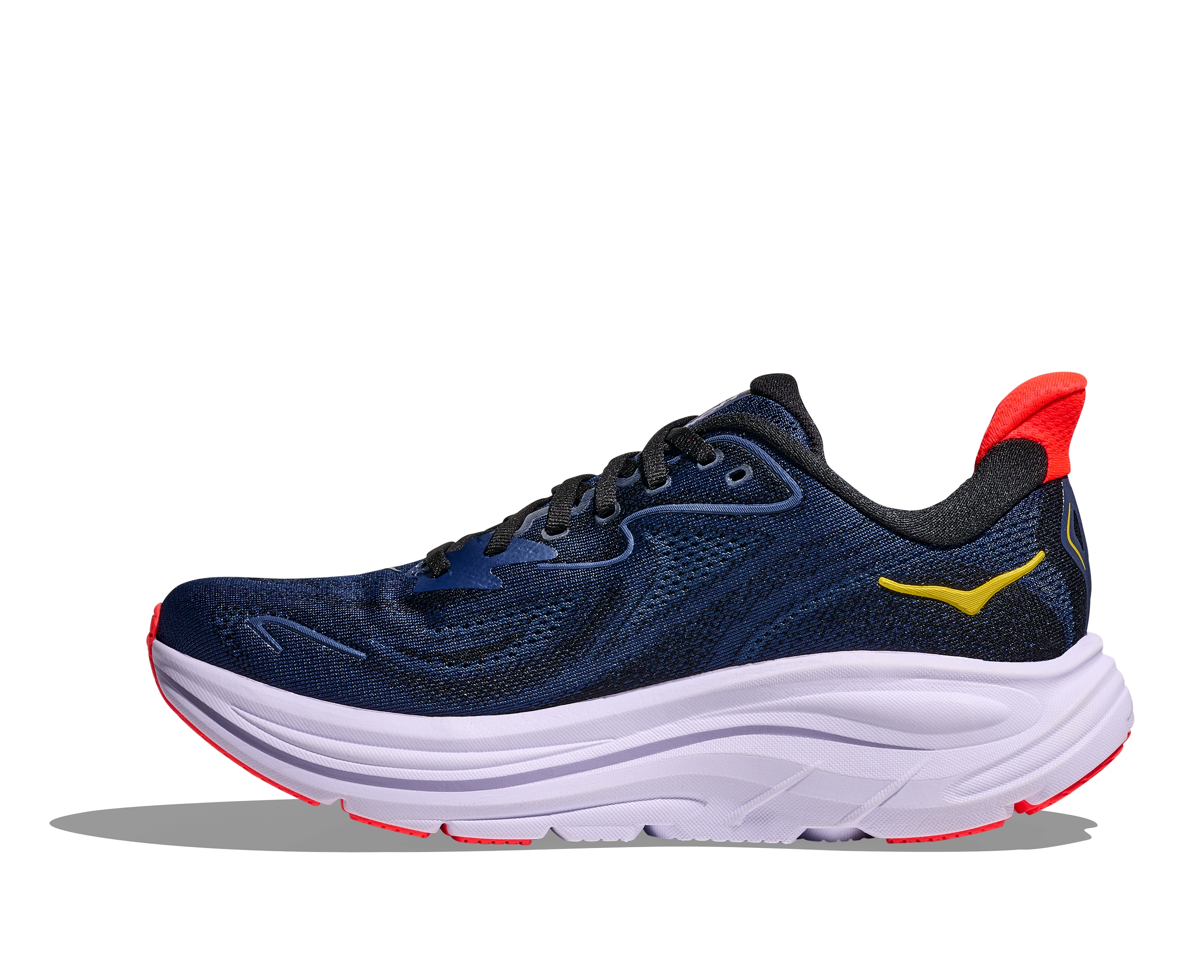 Navy running shoe with red accents on a white background
