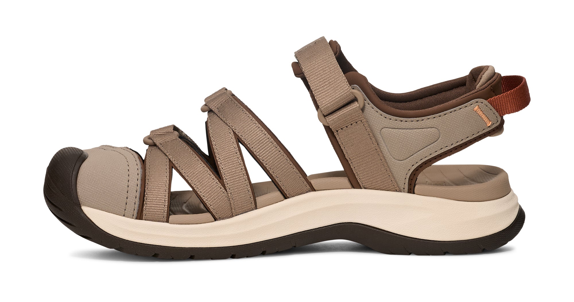 Brown sandal with multiple straps on a white background