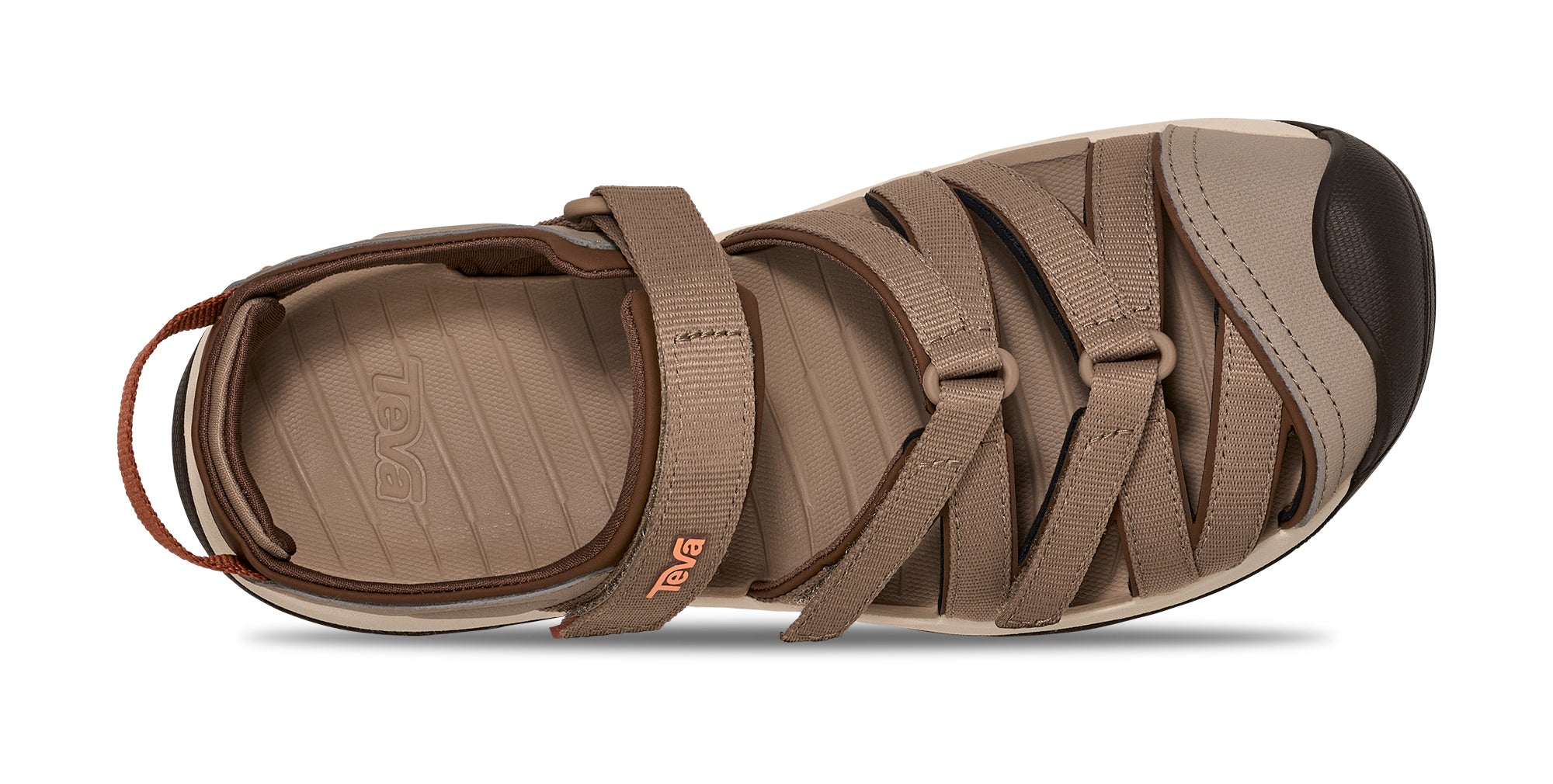 Brown sandal with multiple straps on a white background