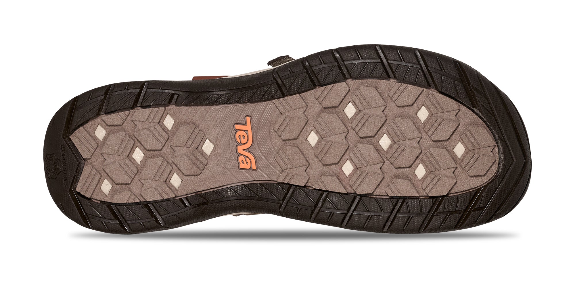 Close-up of a sandal sole with 'Teva' branding on a white background
