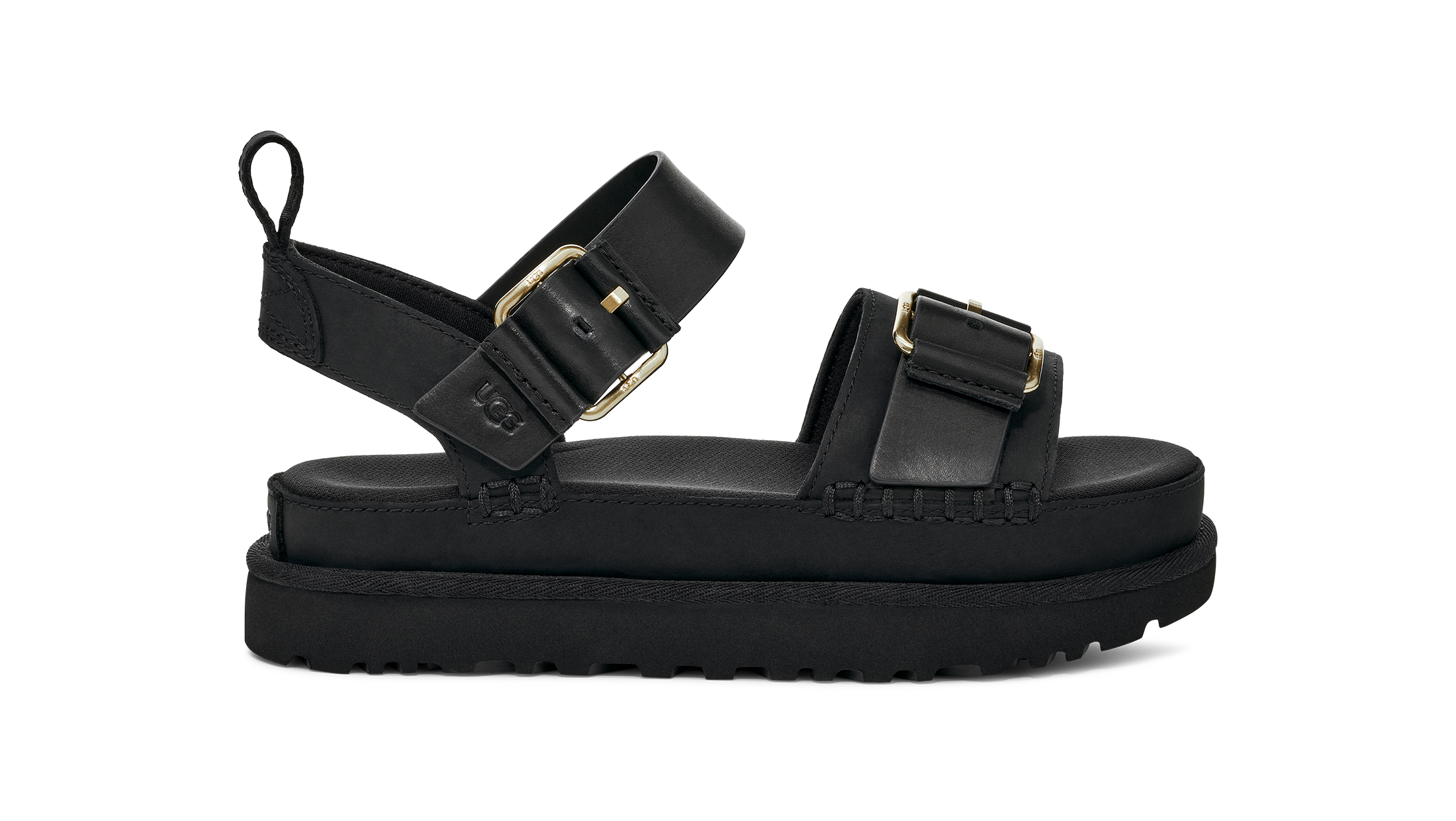 Black sandals with gold buckles on a white background