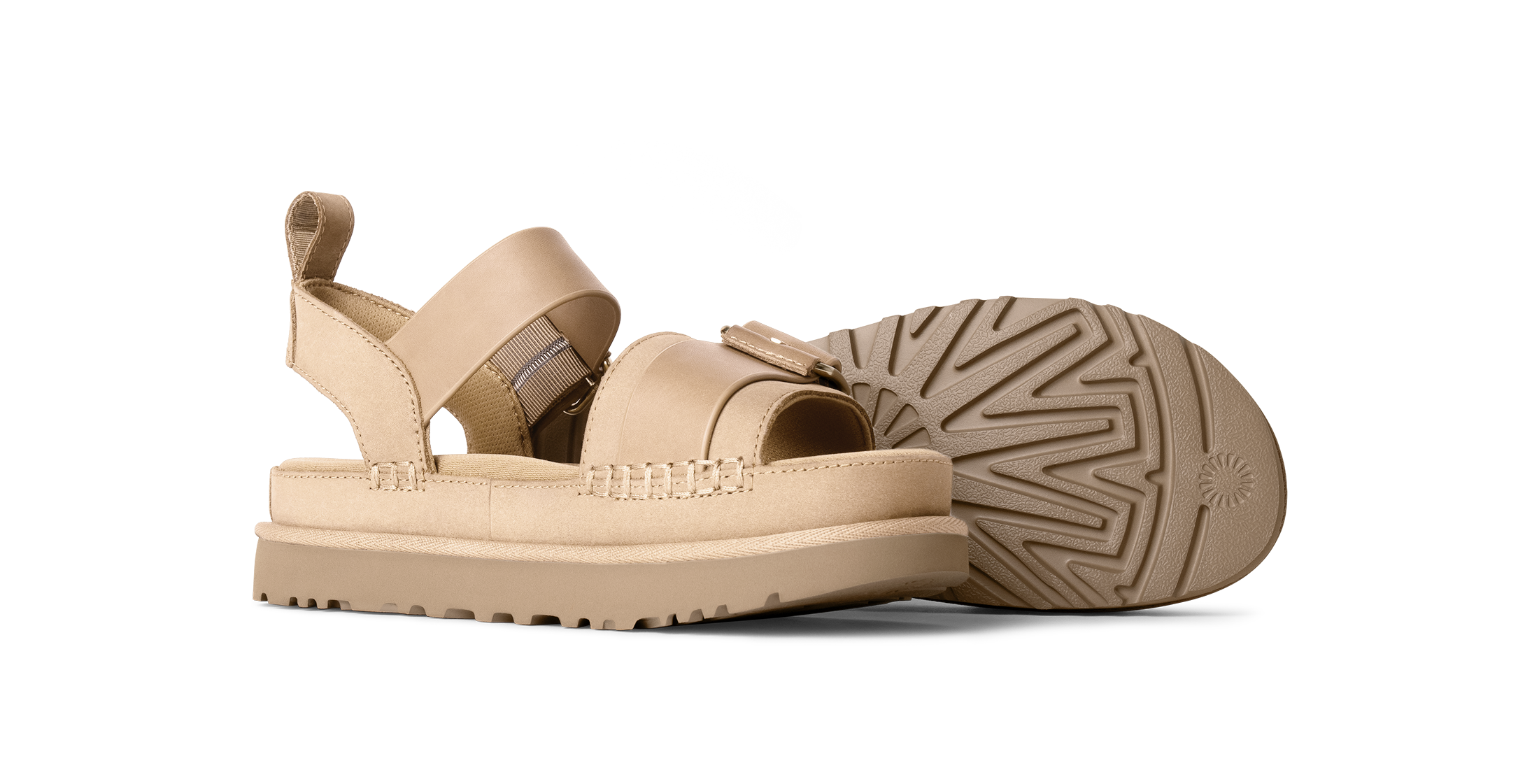 Beige sandals with a white background