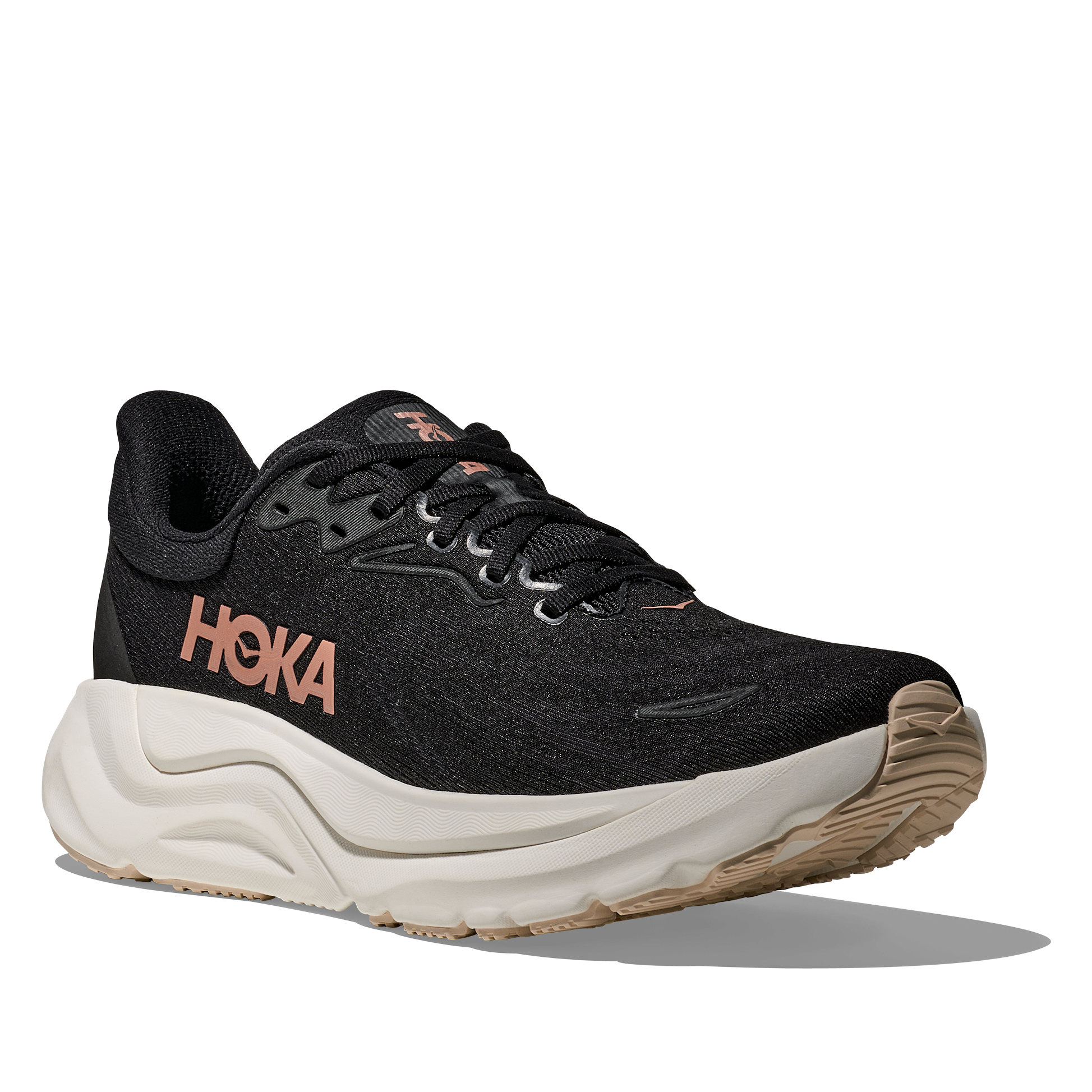 Black Hoka running shoe on a white background