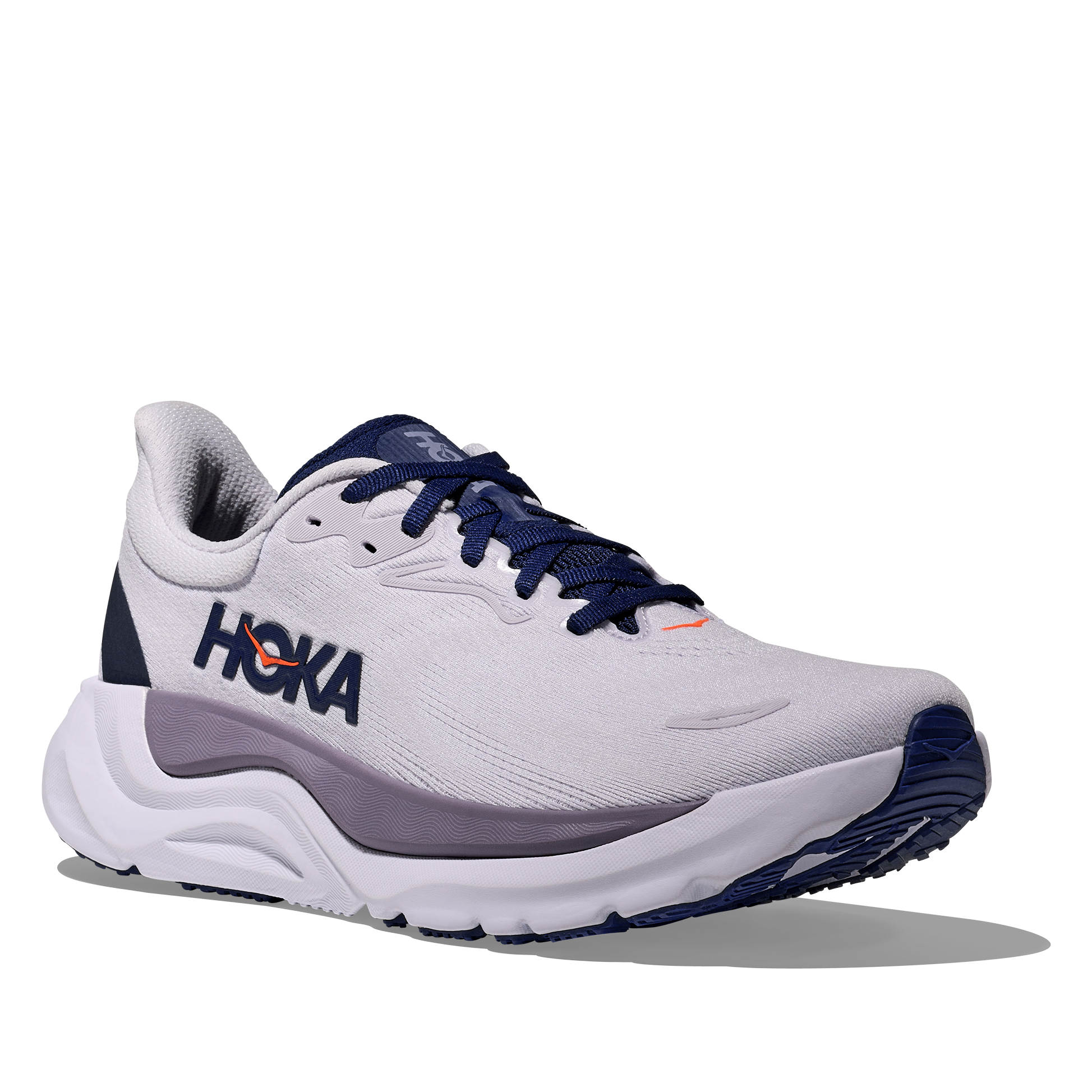 White running shoe with blue accents on a white background