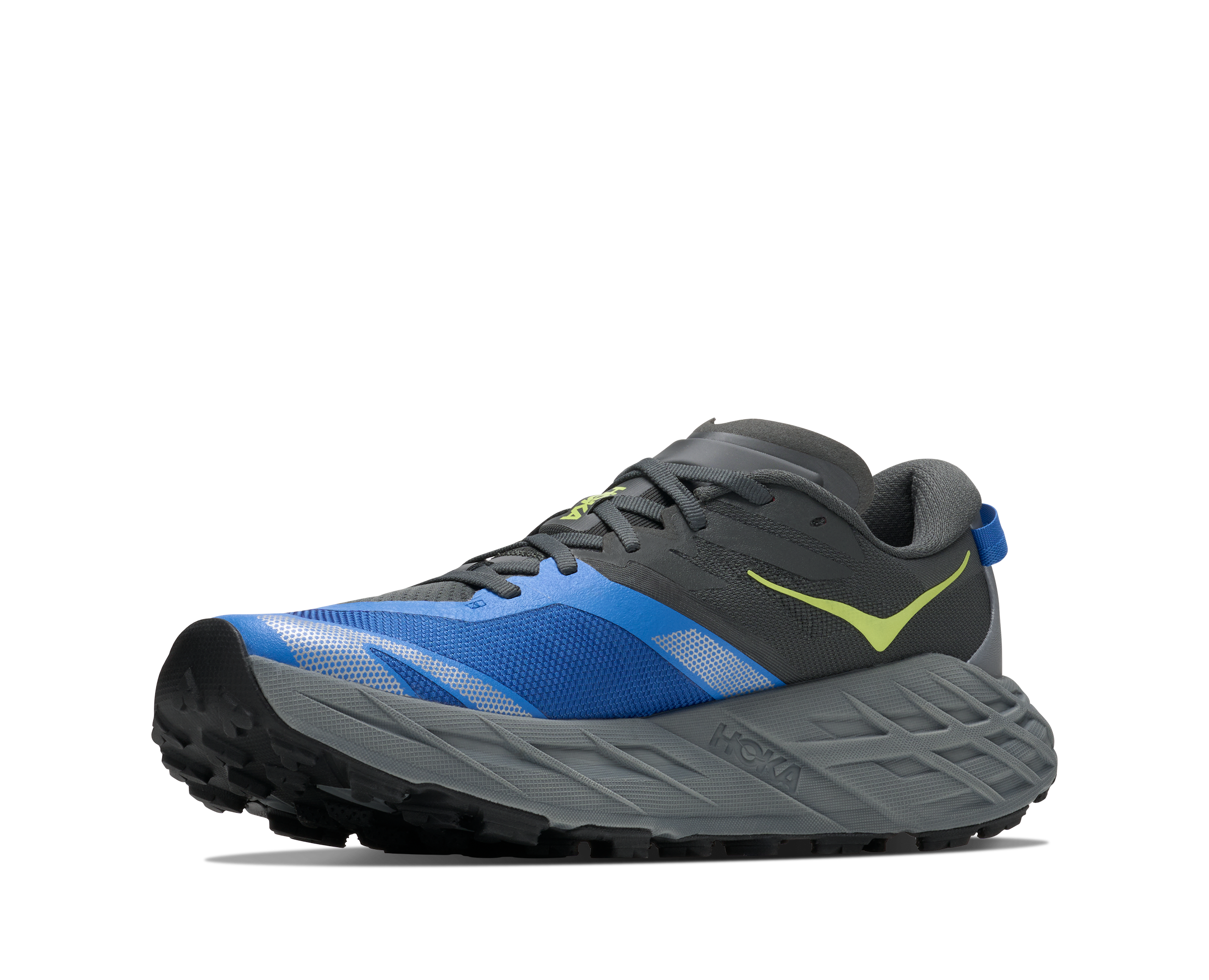 Blue and gray running shoe with a green accent on a white background
