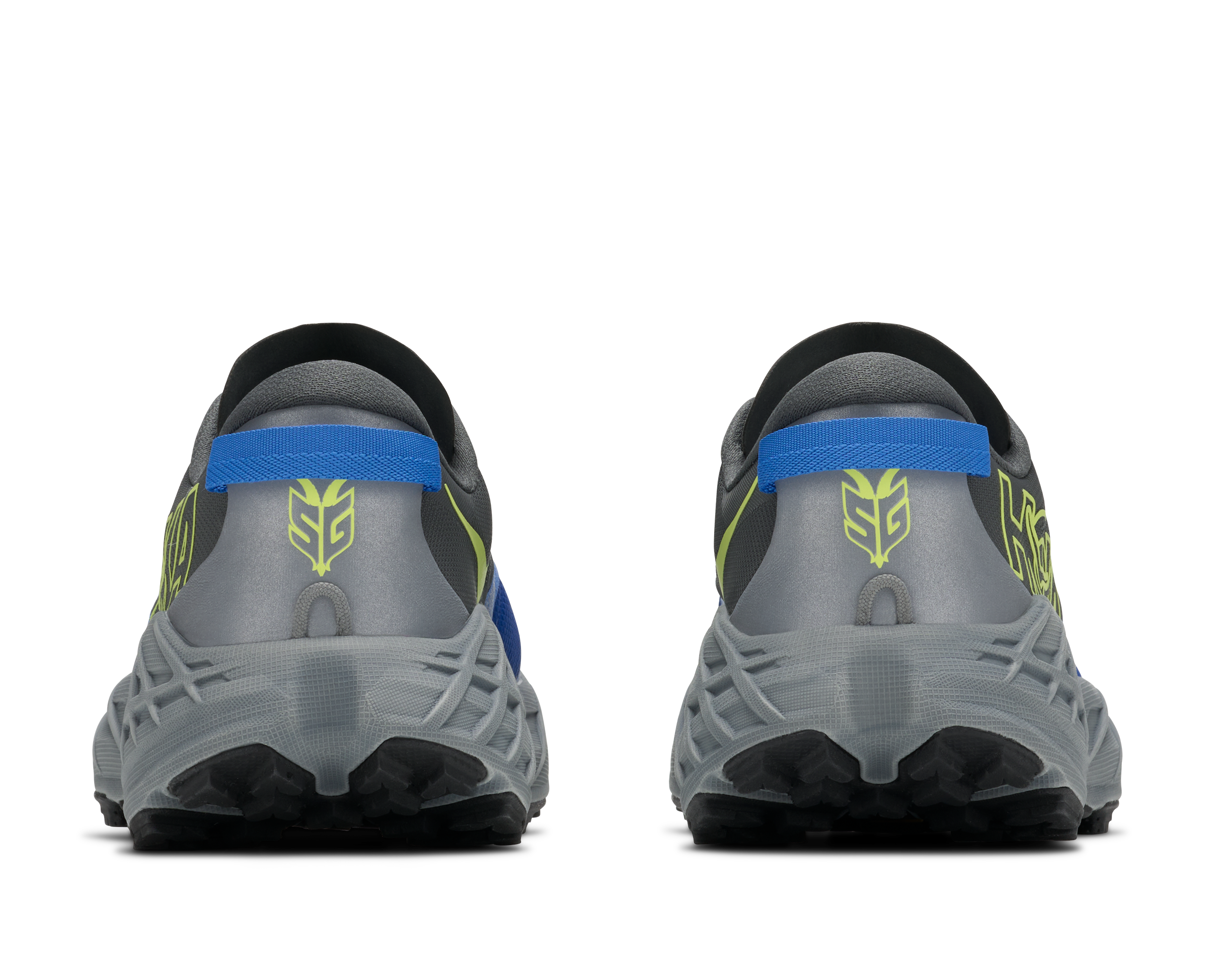 Gray athletic shoes with blue and green accents on a white background