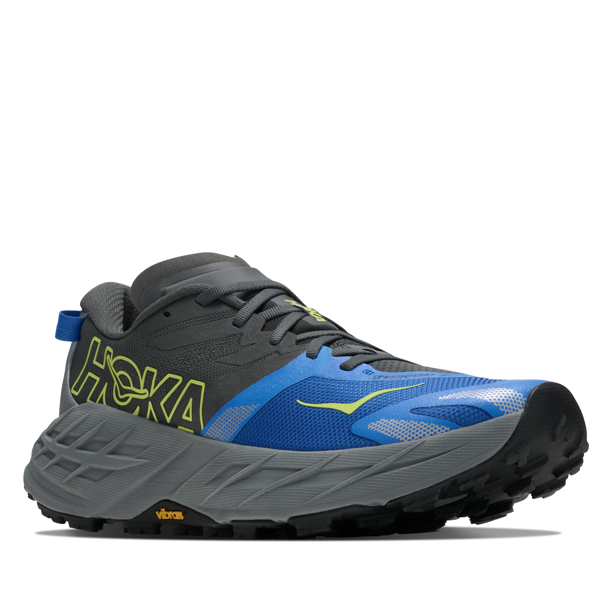 Hoka running shoe with blue and gray design on a white background