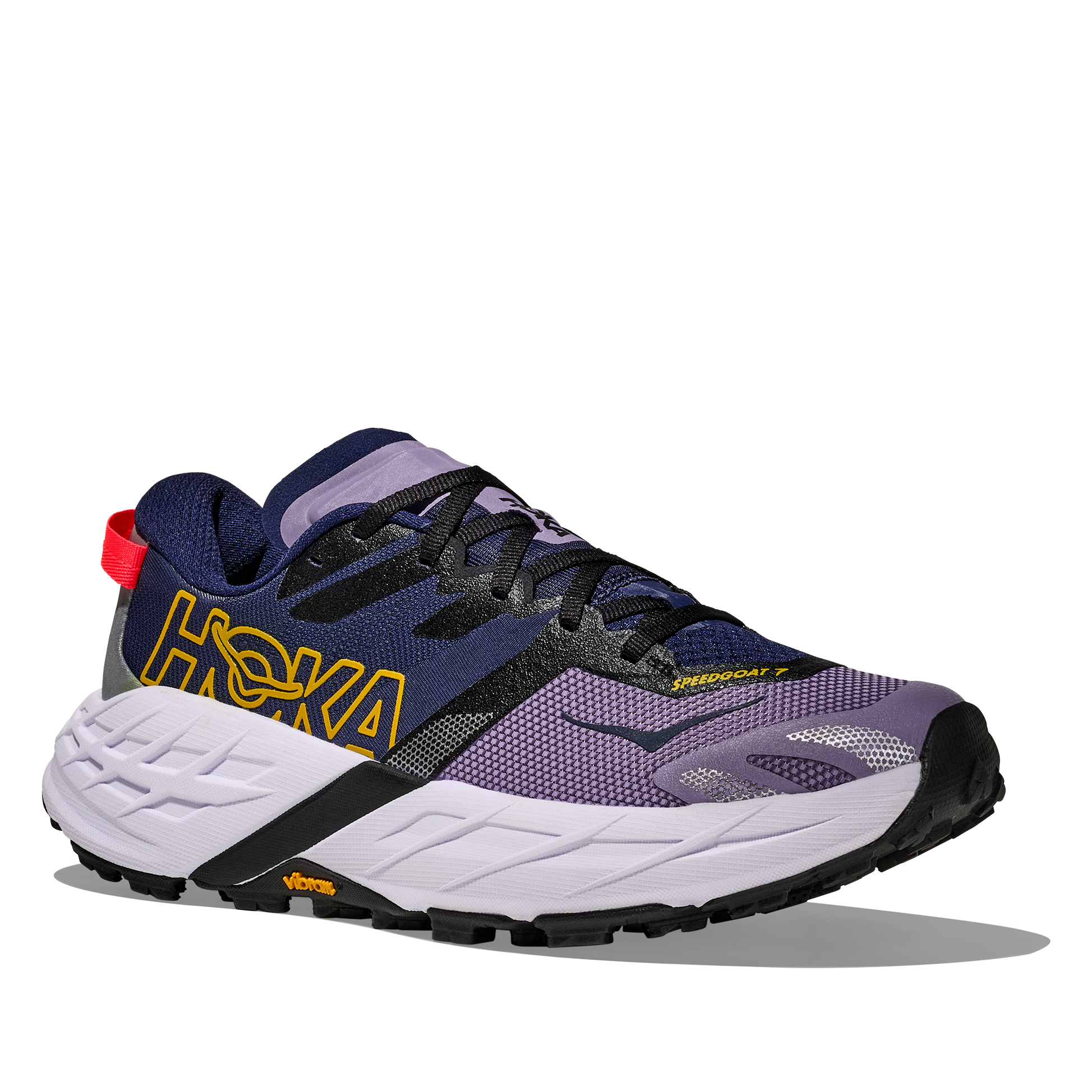 Purple and black running shoe with white sole on a white background