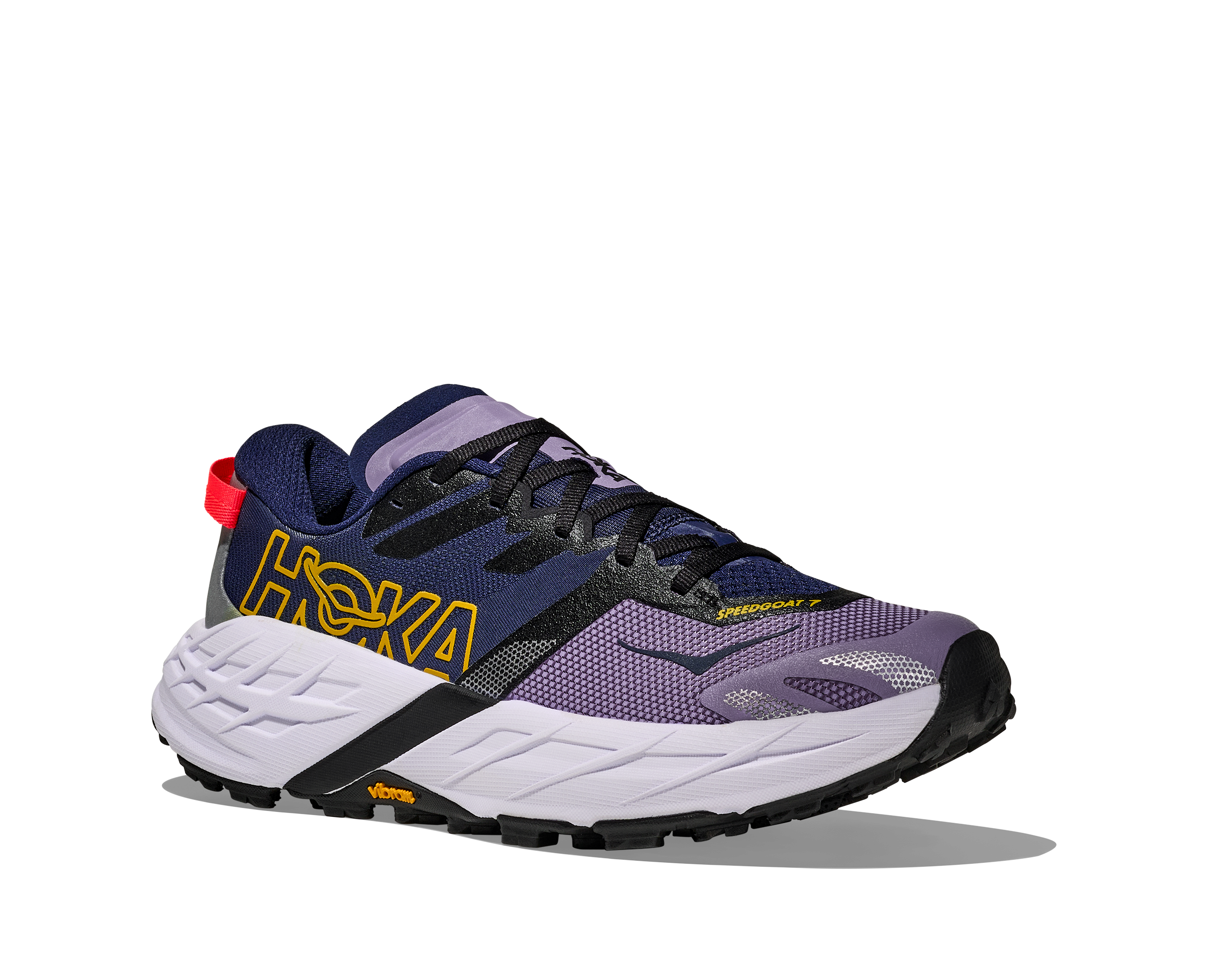 Purple and black running shoe with white sole on a white background