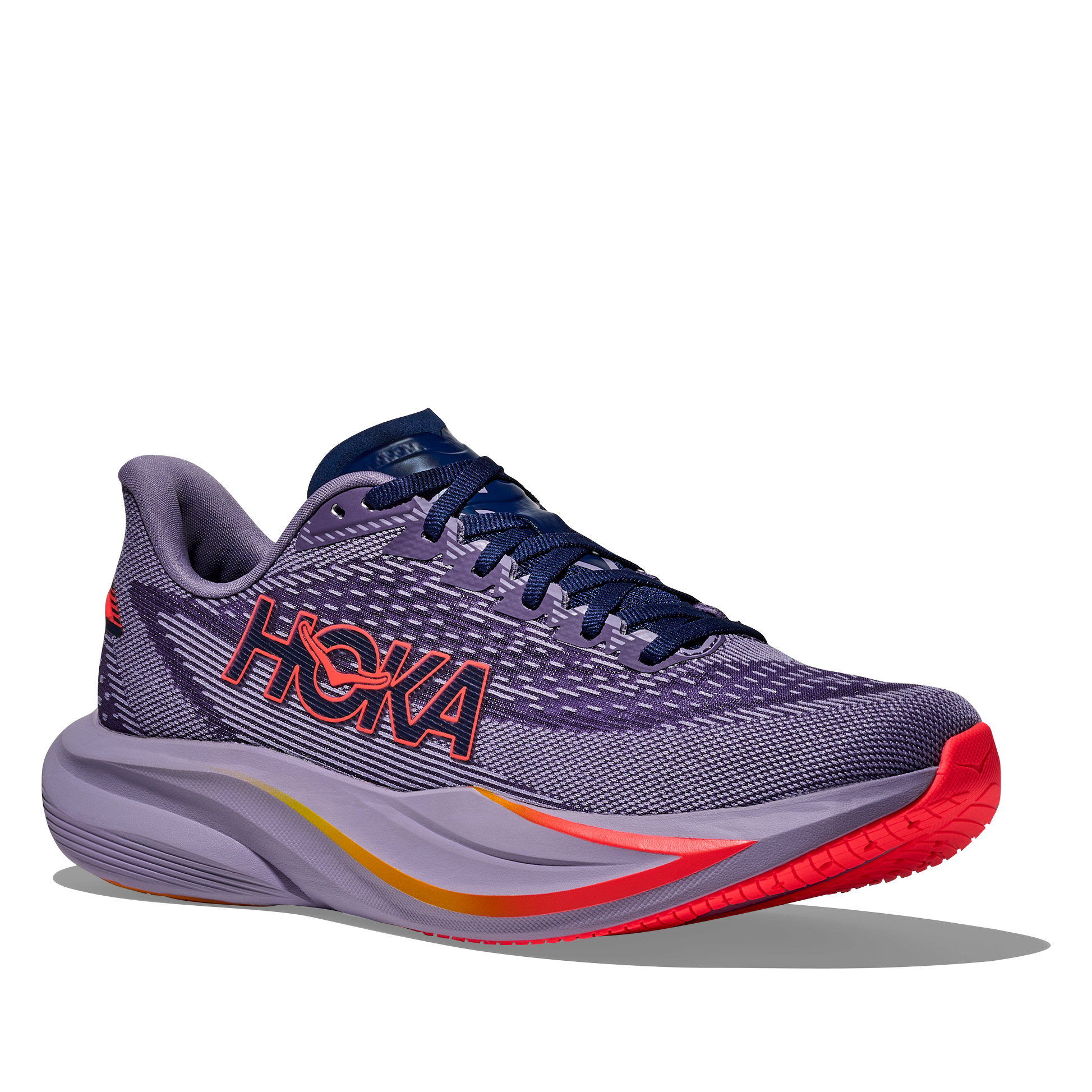 Purple running shoe with red sole on a white background