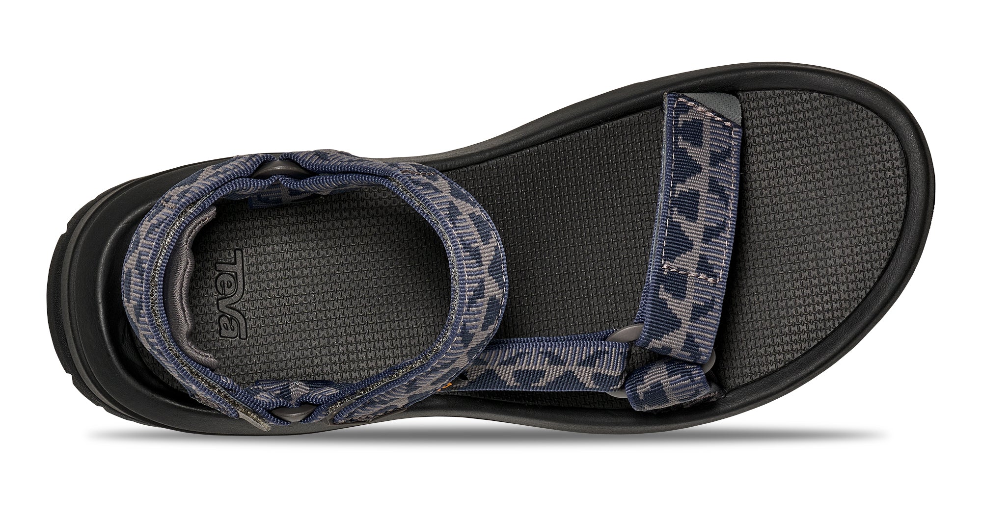 Black sandal with blue patterned straps on a white background