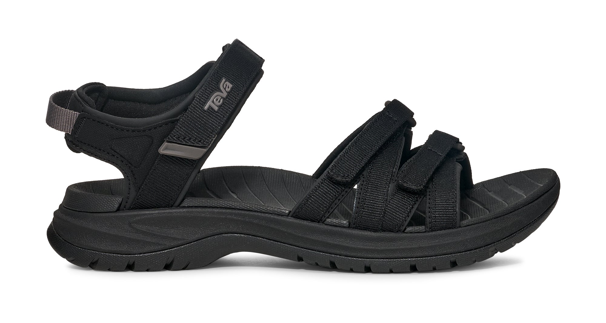 Black sandal with multiple straps on a white background