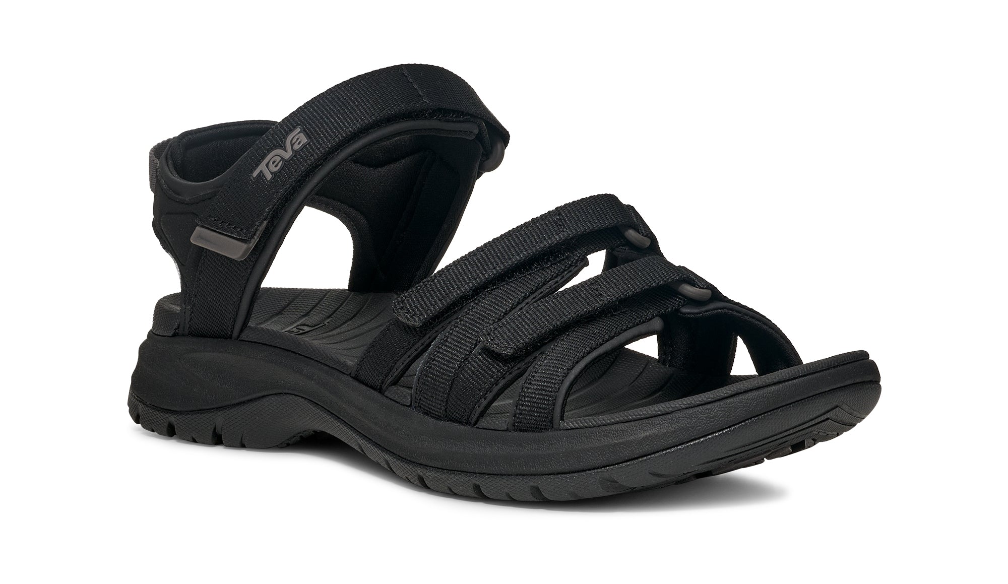 Black sandal with multiple straps on a white background