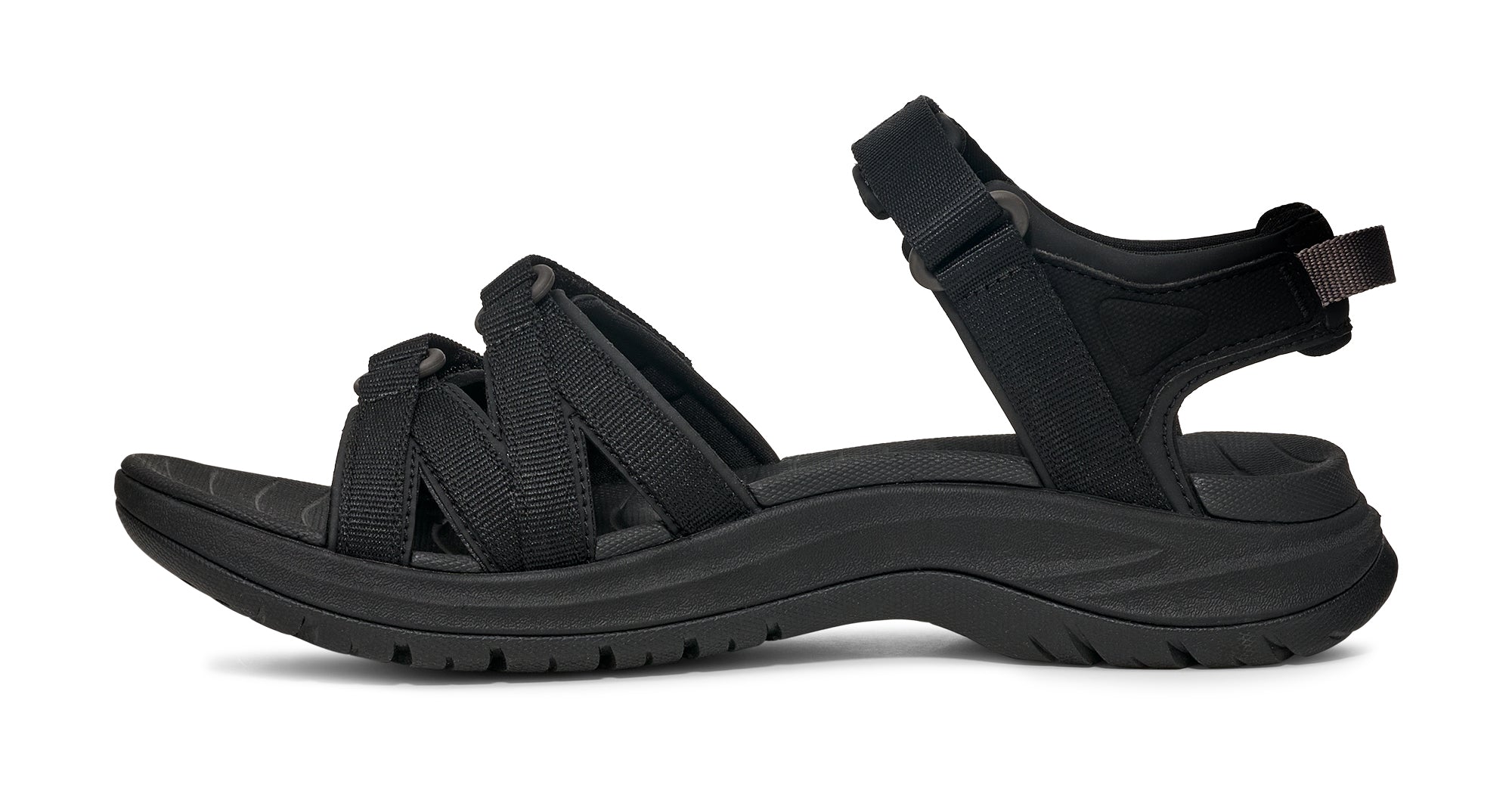 Black sandal with multiple straps on a white background