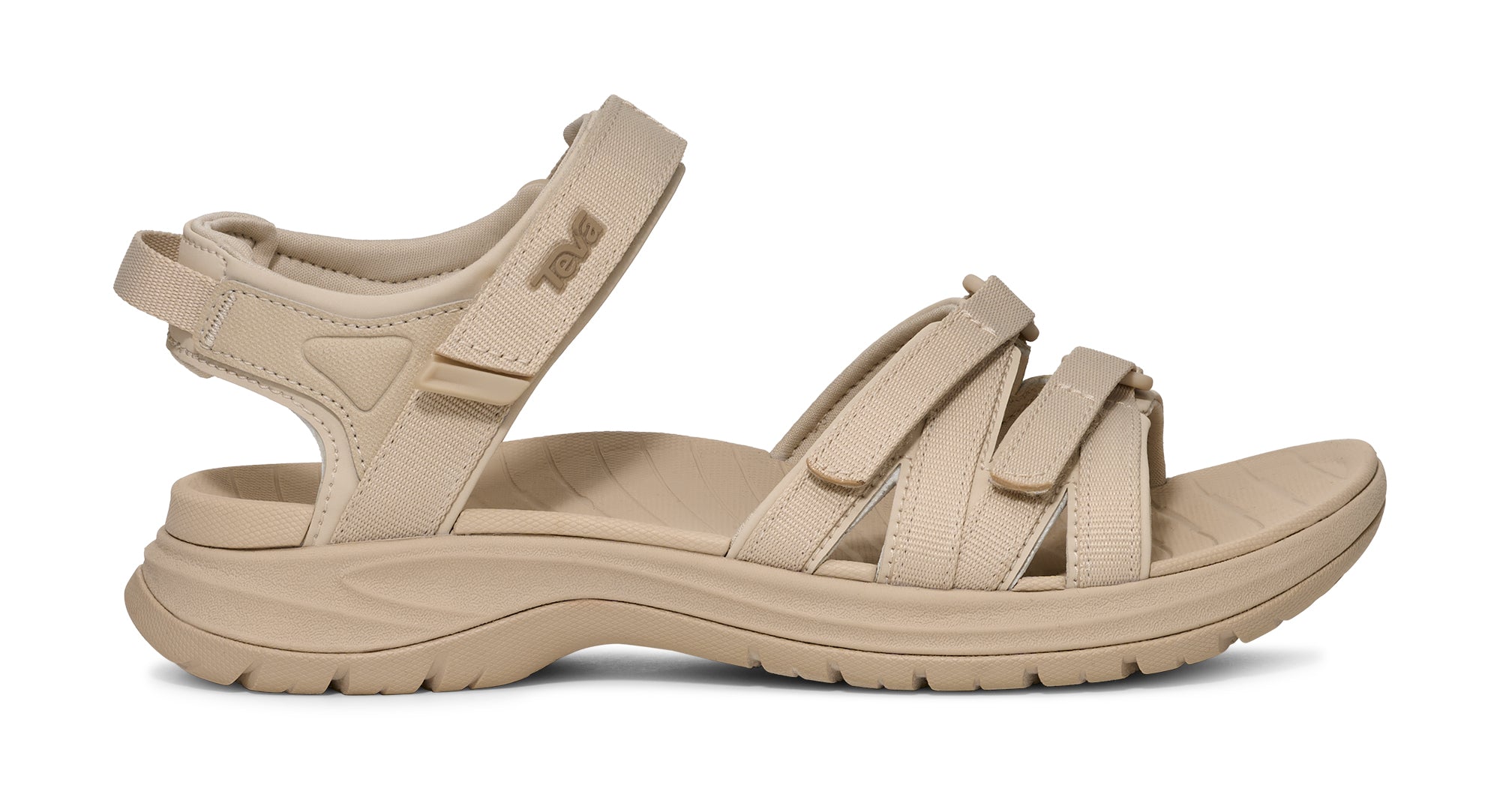 Beige sandal with multiple straps on a white background