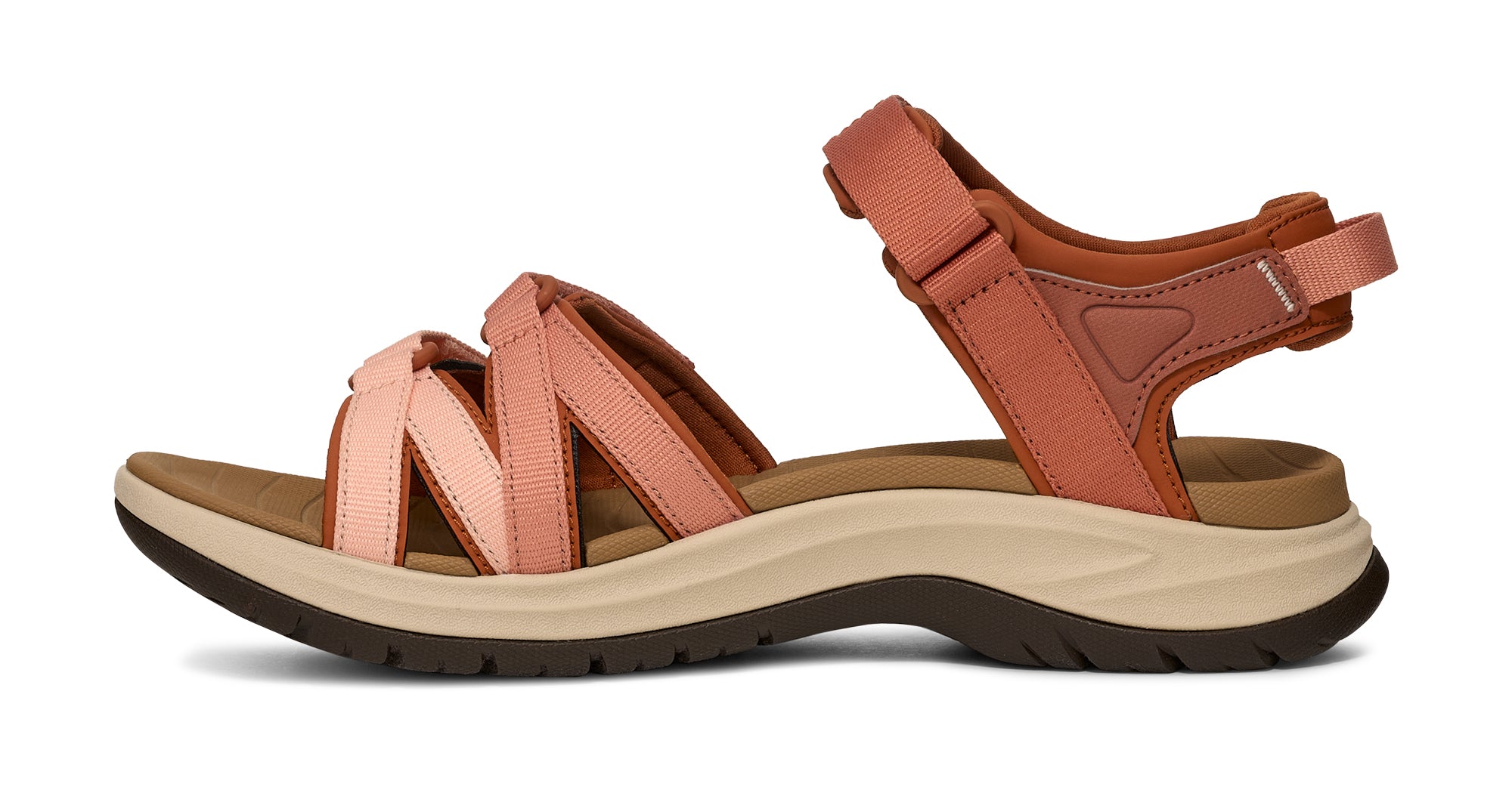 Pair of brown sandals with a beige sole on a white background