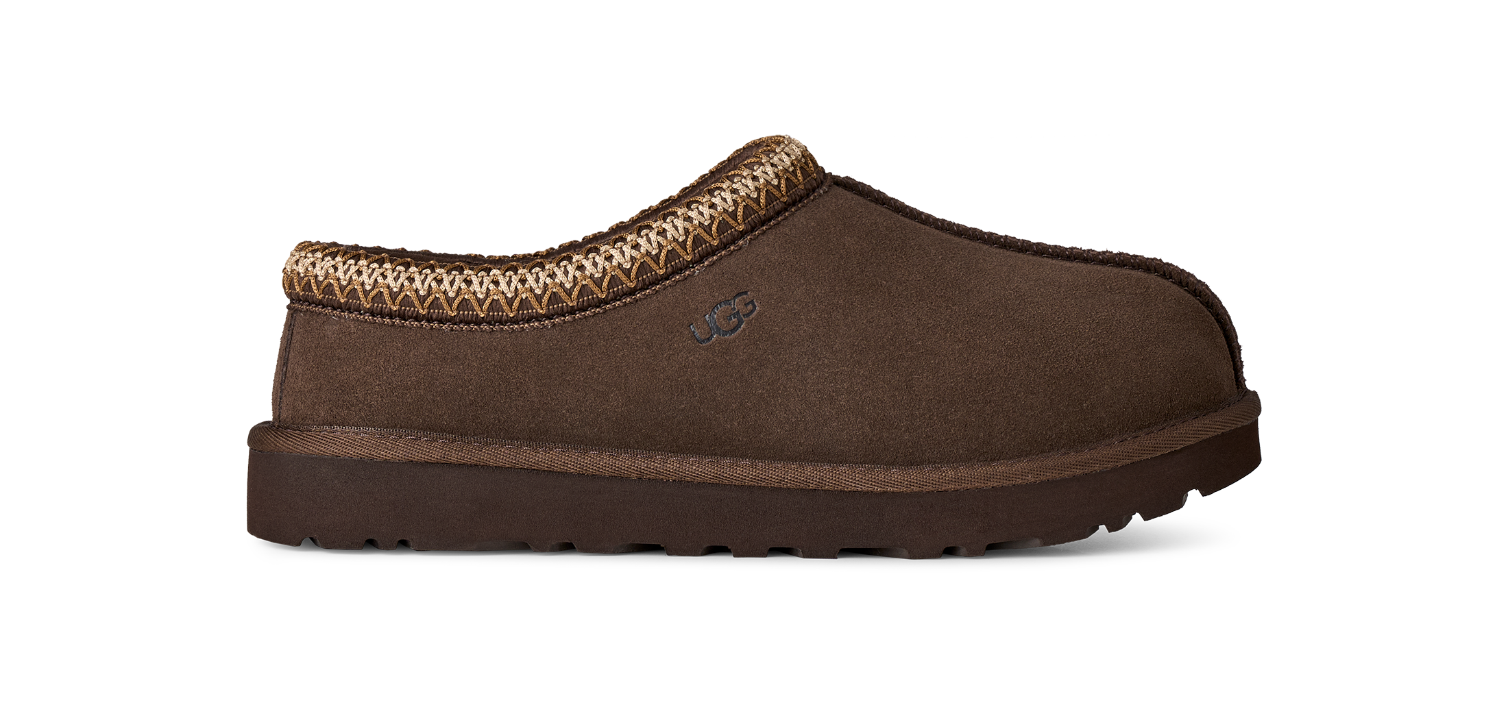 A single brown suede slipper with a textured brown and beige knit trim around the collar, shown in profile against a white background.