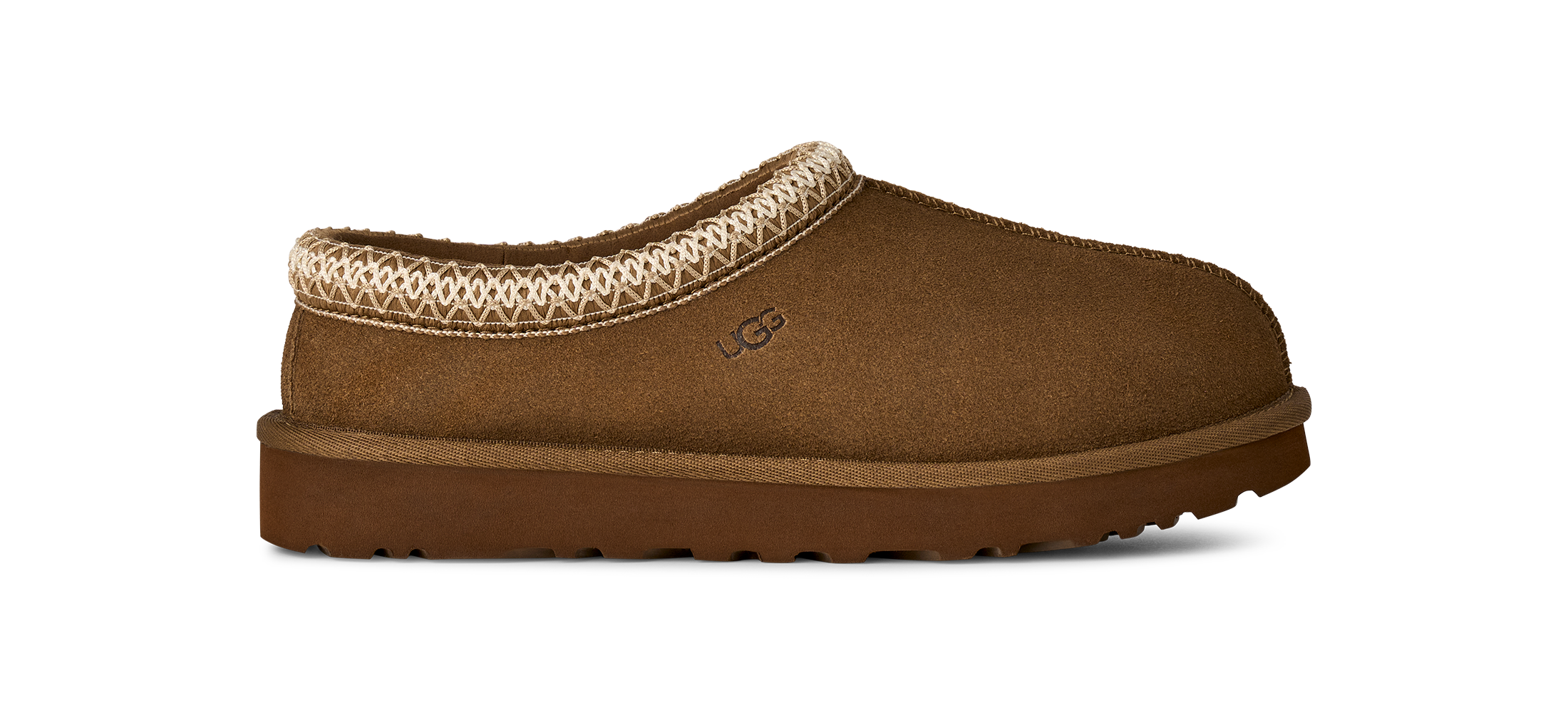 A single brown suede slip-on clog shoe with a cream-colored knit trim around the collar and a matching brown sole, shown against a plain white background.
