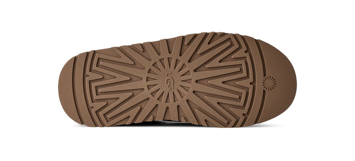 A close-up, top-down view of a brown textured shoe sole, showing the tread pattern and a circular UGG logo embossed in the center, on a white background.