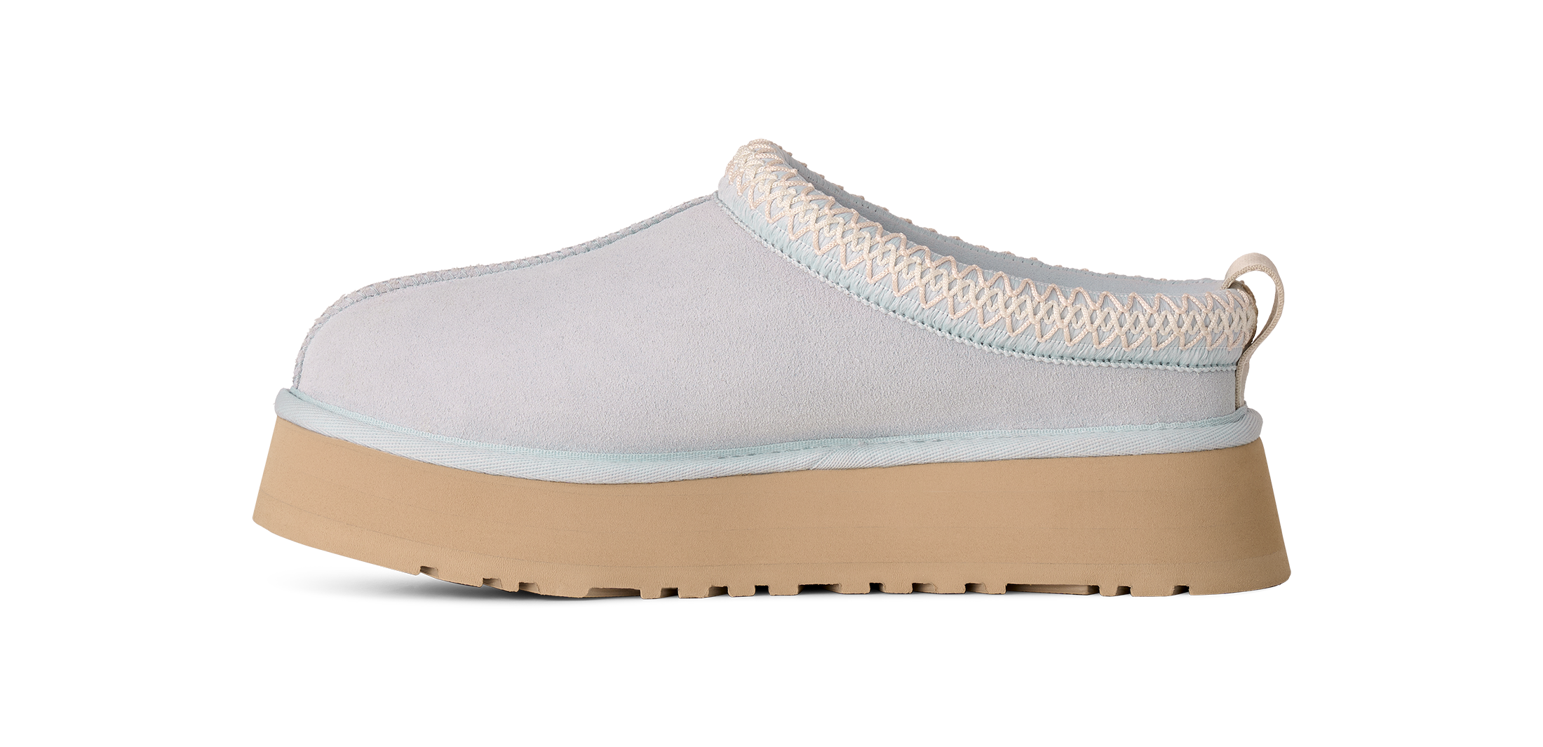 Light gray sneaker with beige sole on a white background