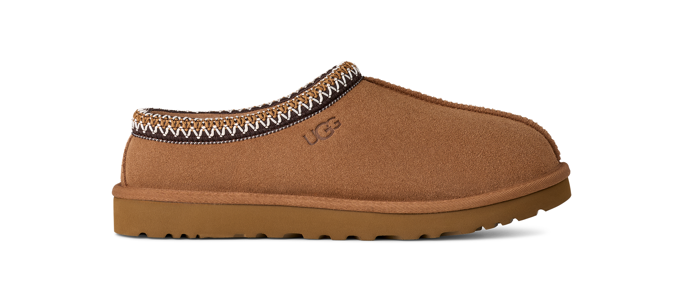 Brown UGG slippers with a decorative trim on a white background