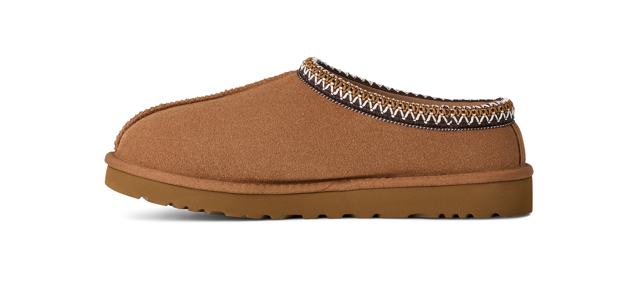 Brown slipper with decorative trim on a white background