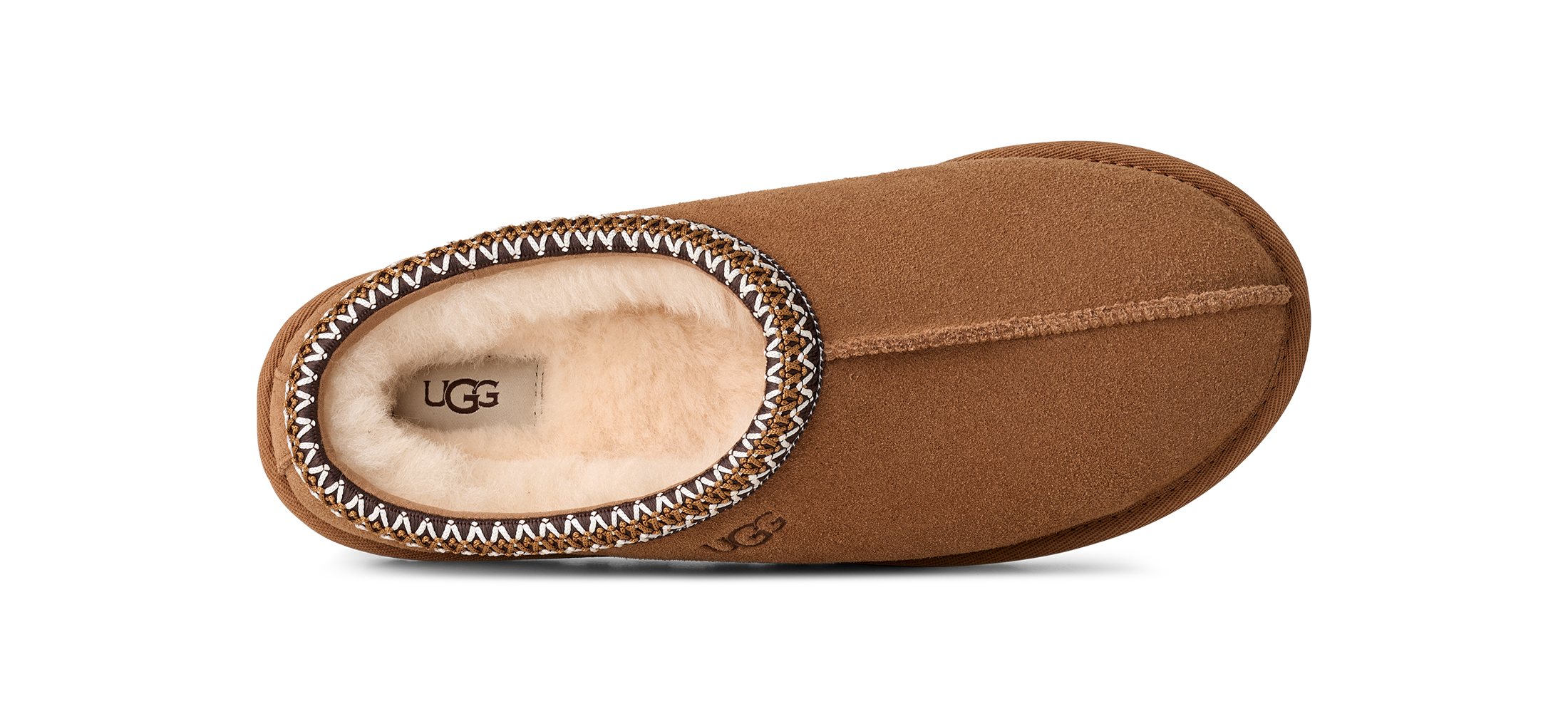 Brown UGG slipper with brand logo on a white background
