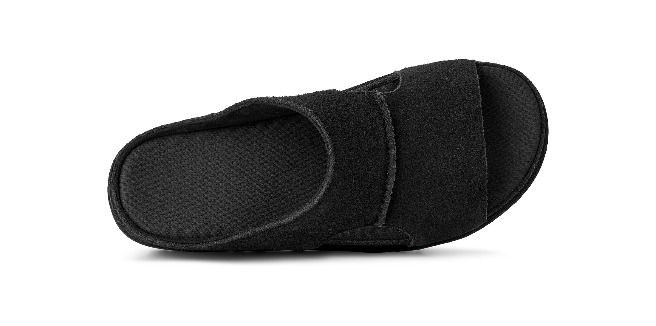 Black sandal with a strap on a white background