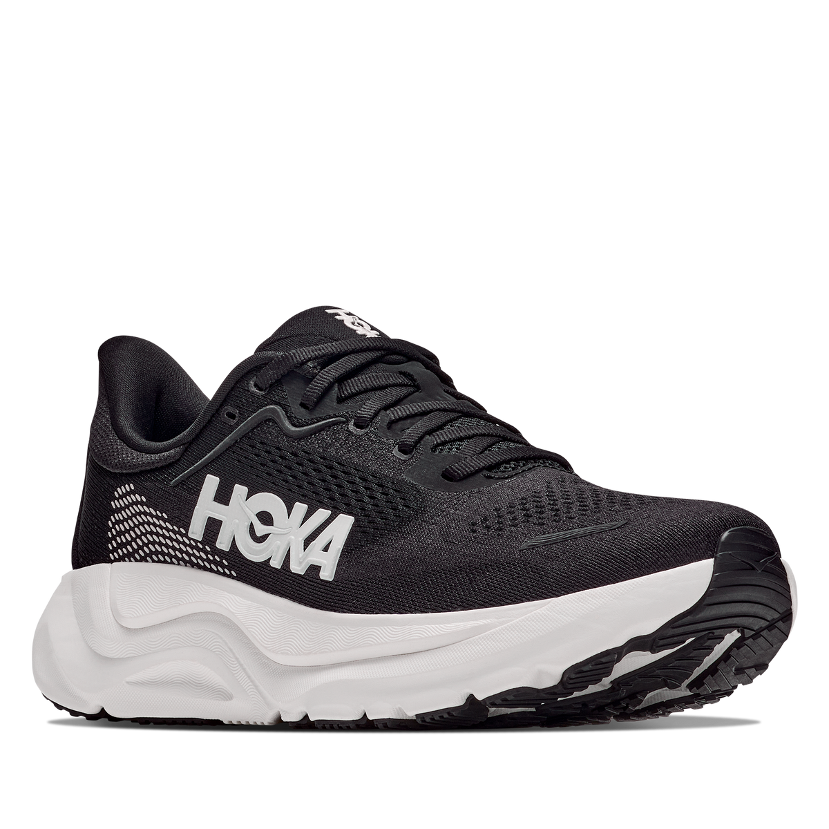 Black Hoka running shoe on a white background