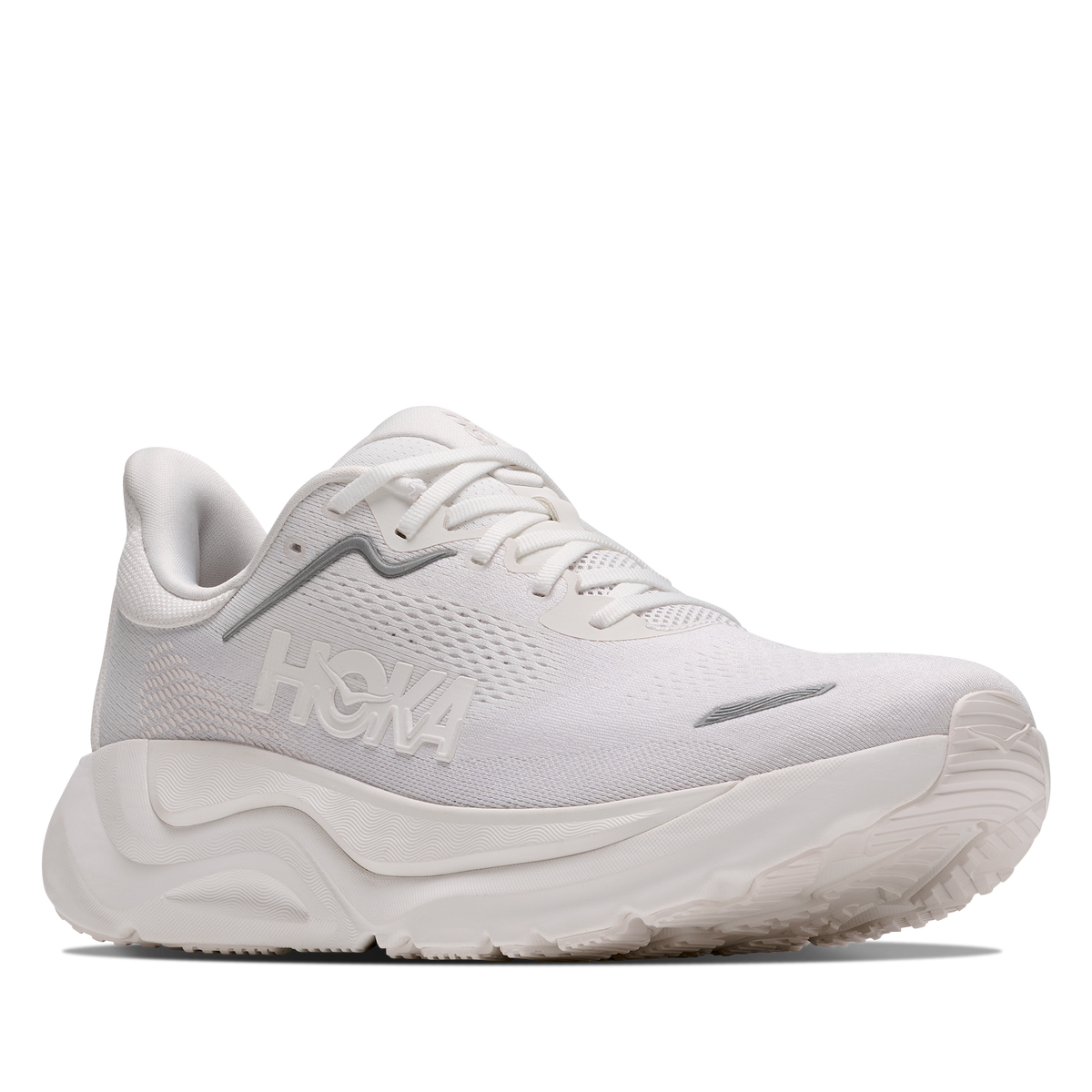 A white Hoka running shoe shown from a side profile view against a solid white background.