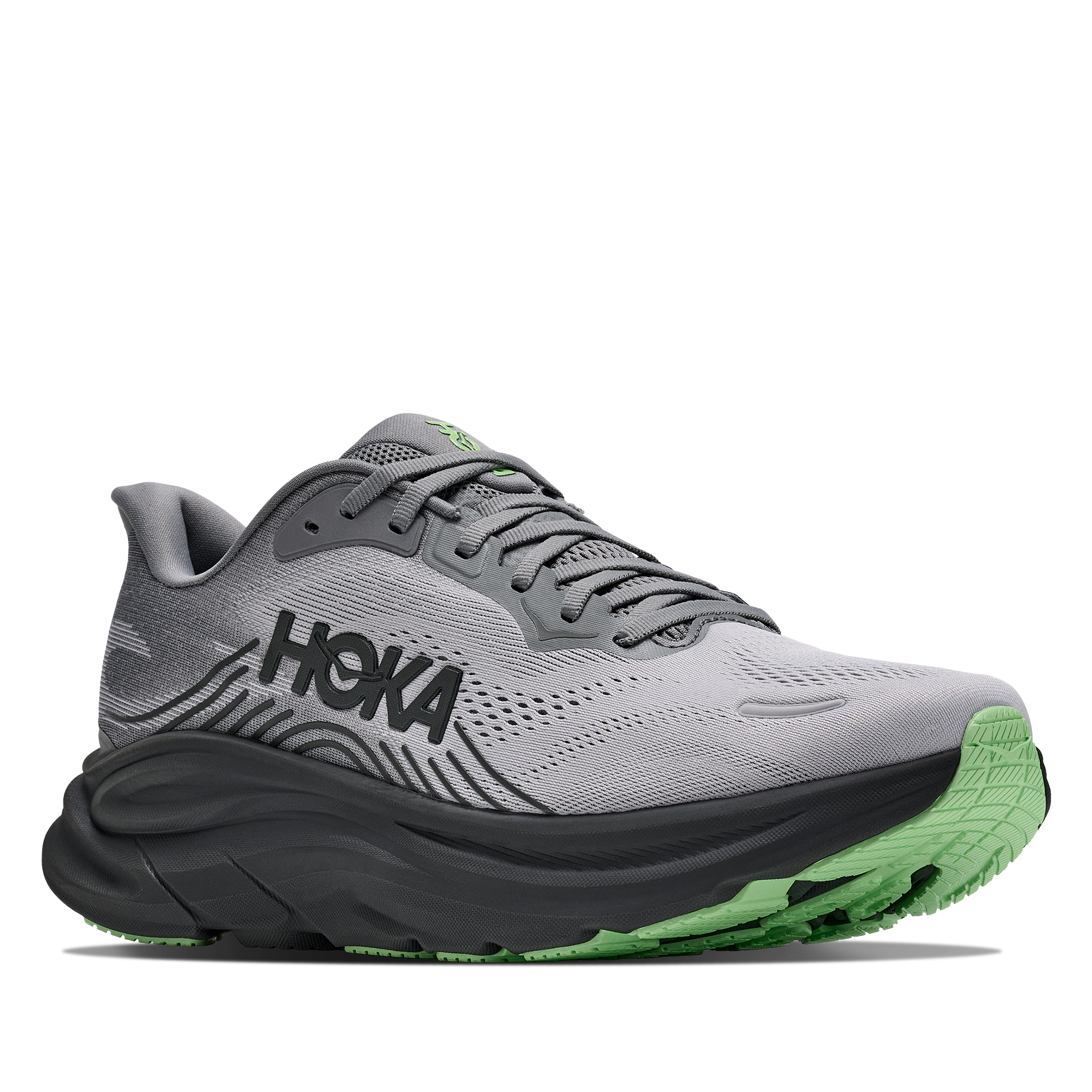 Gray running shoe with green sole on a white background