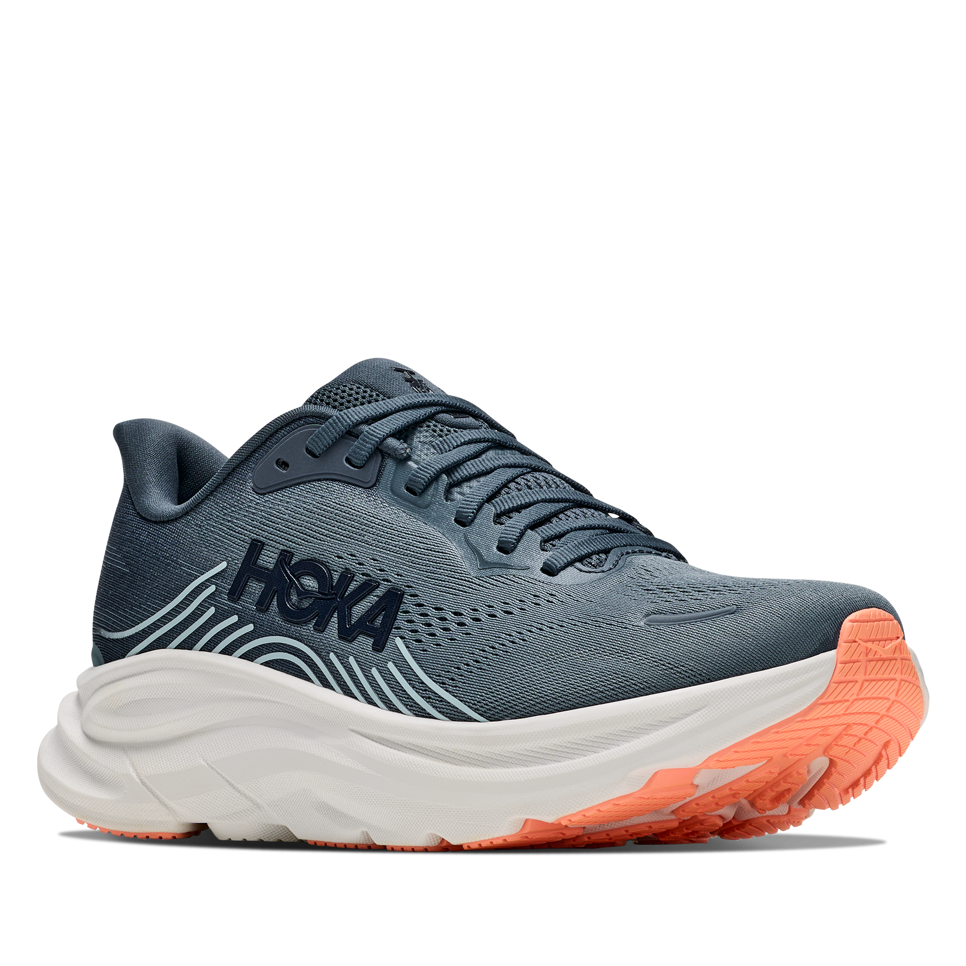Blue running shoe with orange sole on a white background