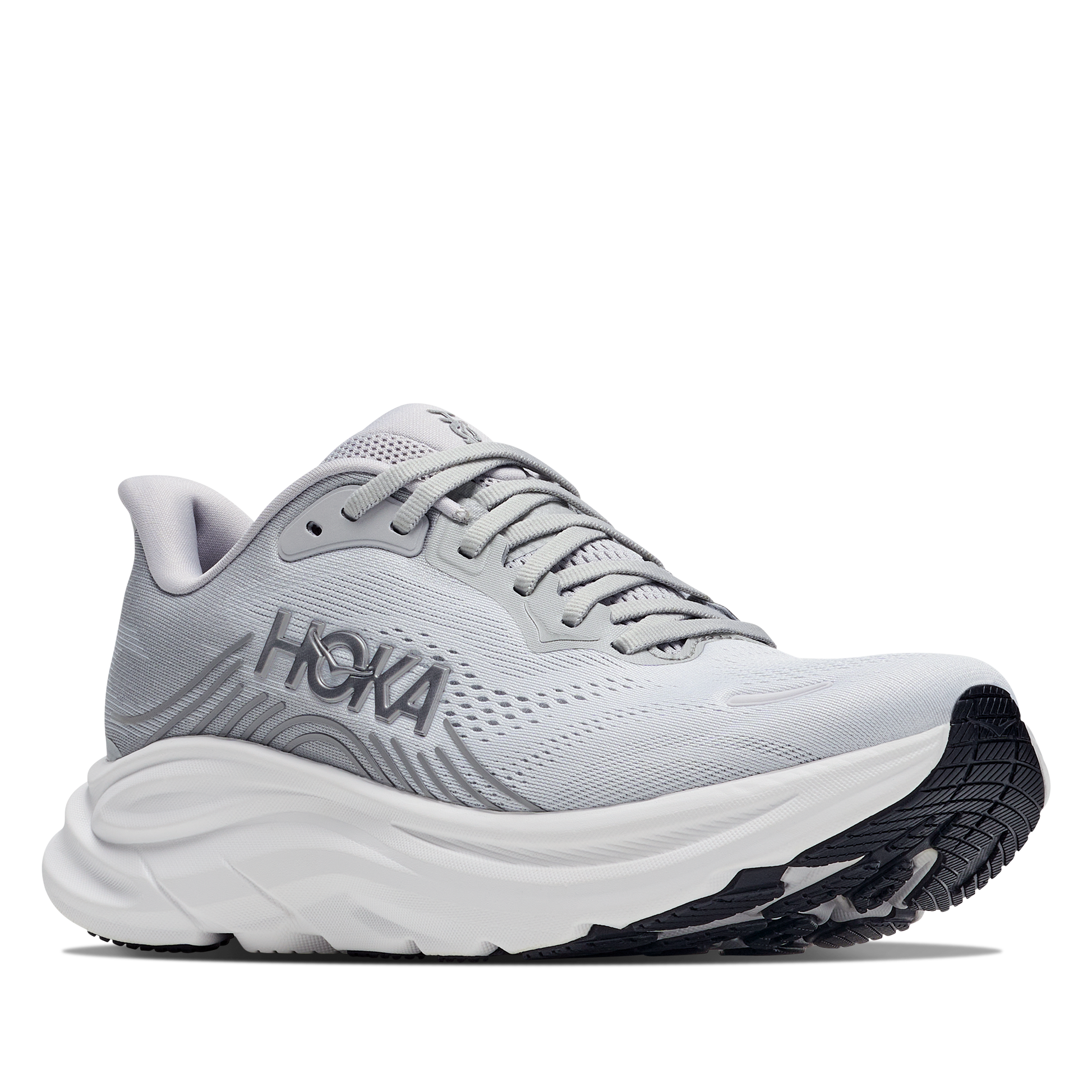 Gray running shoe with 'Hoka' branding on a white background