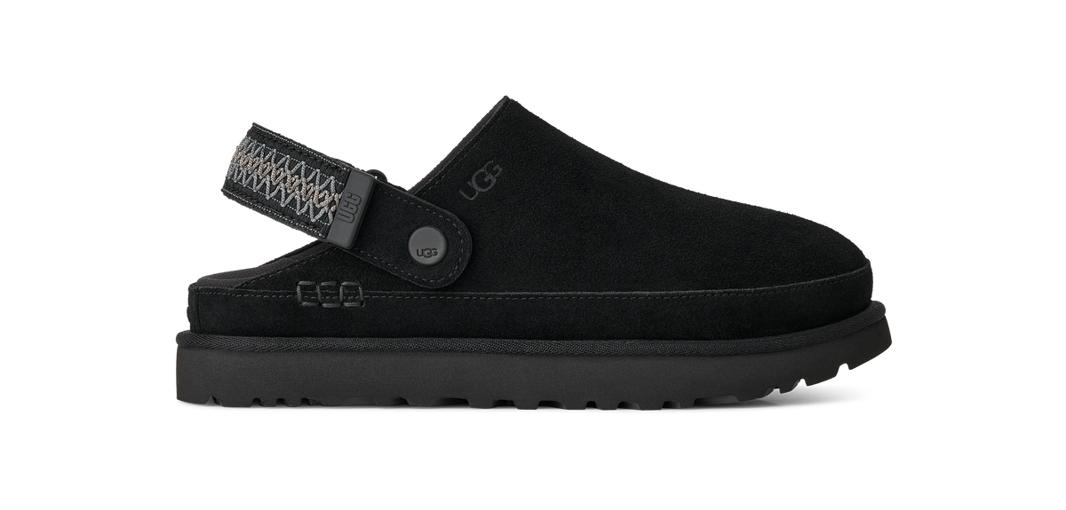 A single black UGG clog shoe shown in profile against a solid white background. The shoe features a black suede upper, a thick black platform sole, and a black adjustable strap with a textured pattern.