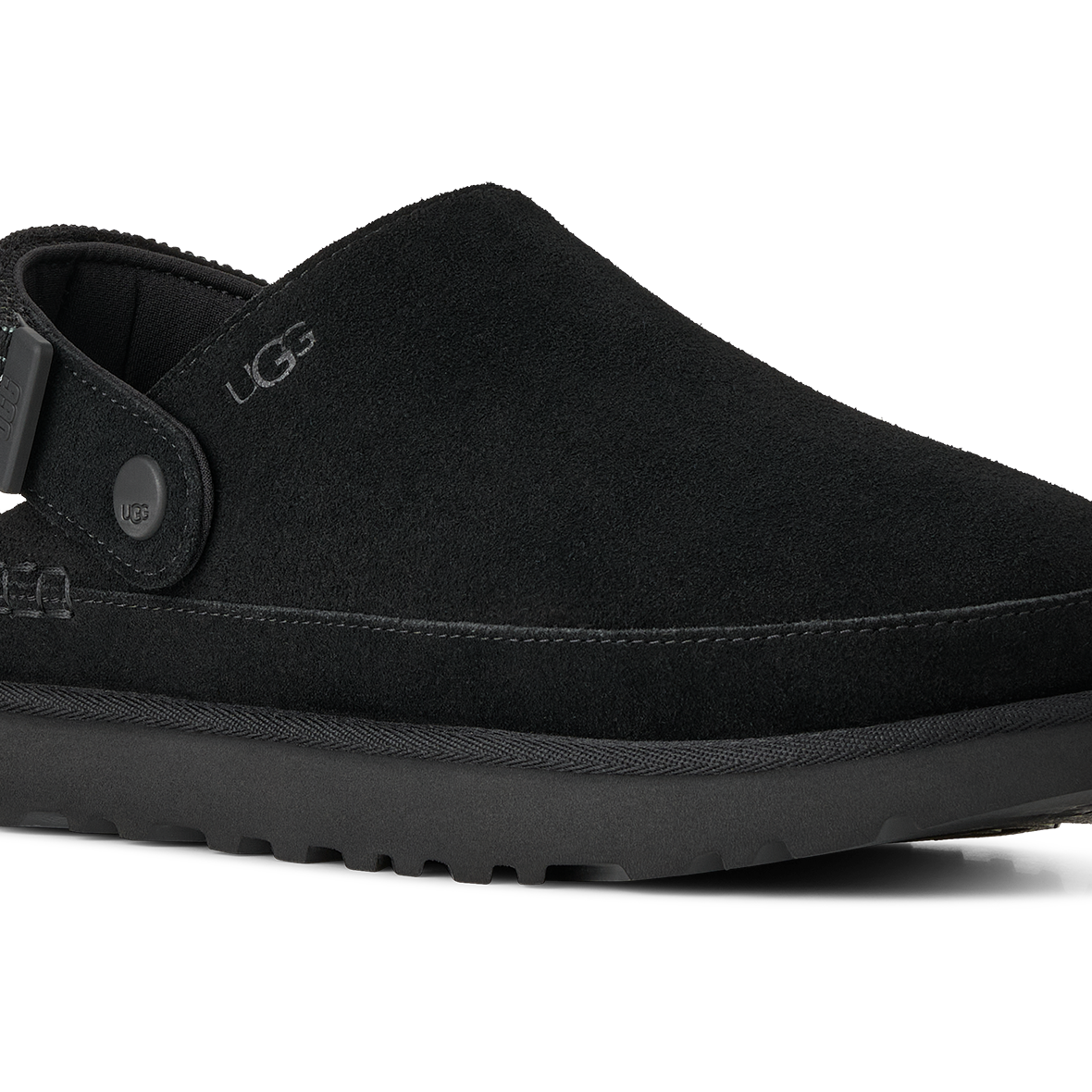A black UGG slip-on clog shoe with a suede-like upper, a thick black platform sole, and a decorative heel strap with a silver-tone button closure, shown against a plain white background.