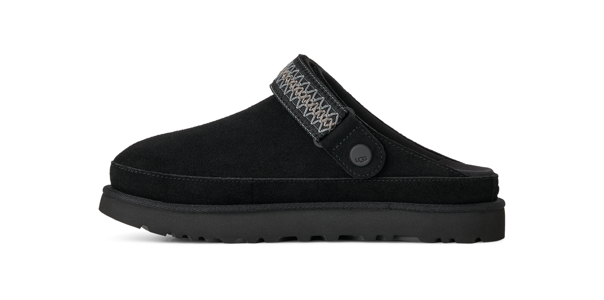 A single black suede clog-style slipper shown in side profile against a solid white background. The upper features a black suede body, a black sole, and a black strap with a textured geometric pattern and a small round button closure.