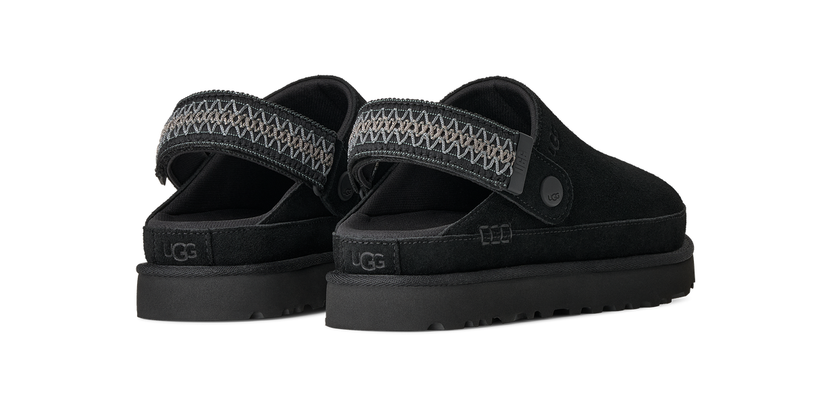 A pair of black UGG slide sandals with textured gray woven straps, shown from a three-quarters angle on a plain white background.