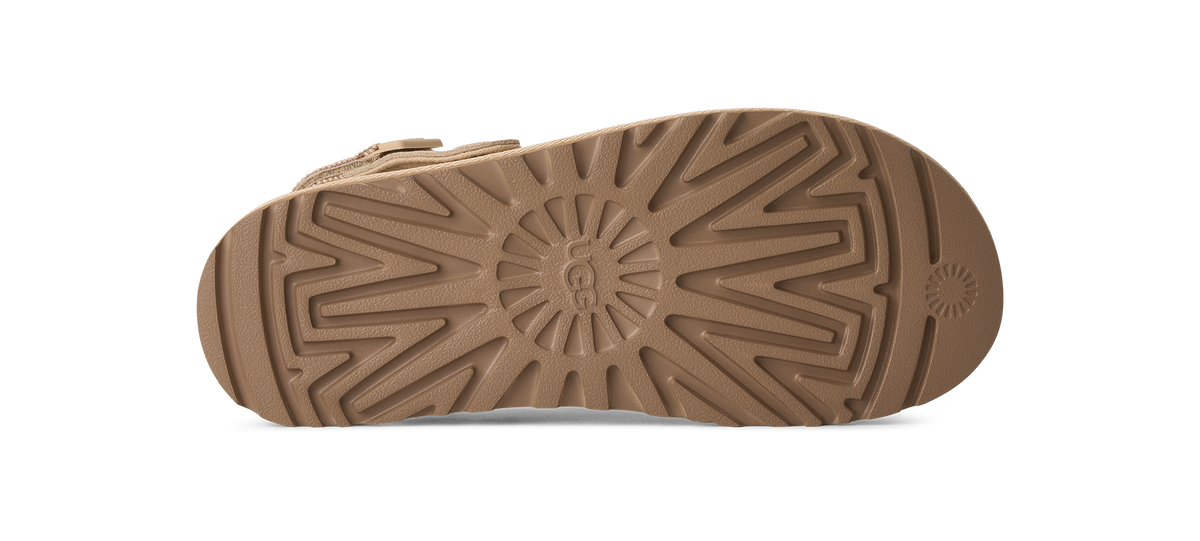 The brown rubber outsole of a UGG sandal, showing the detailed tread pattern and embossed UGG logo in the center, isolated on a white background.