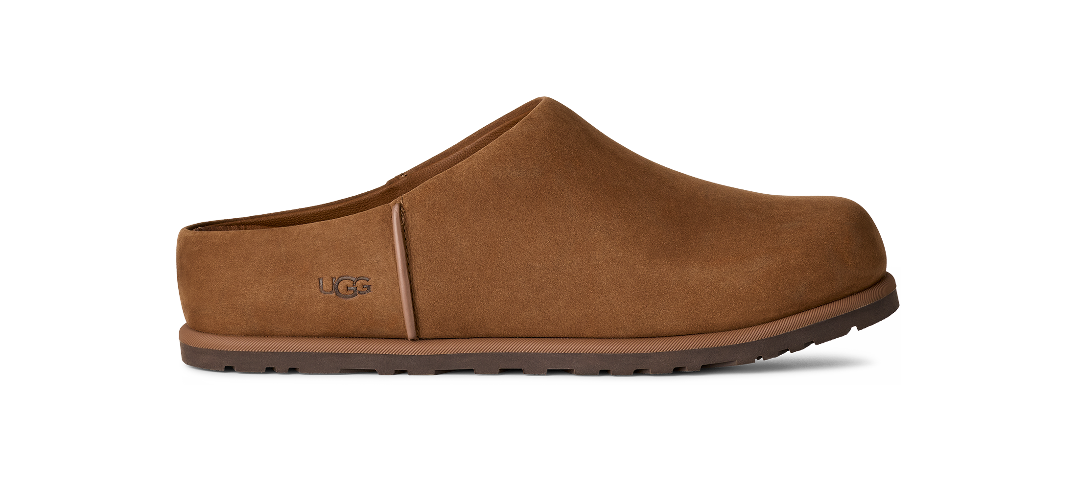 Brown suede UGG slipper on a white background