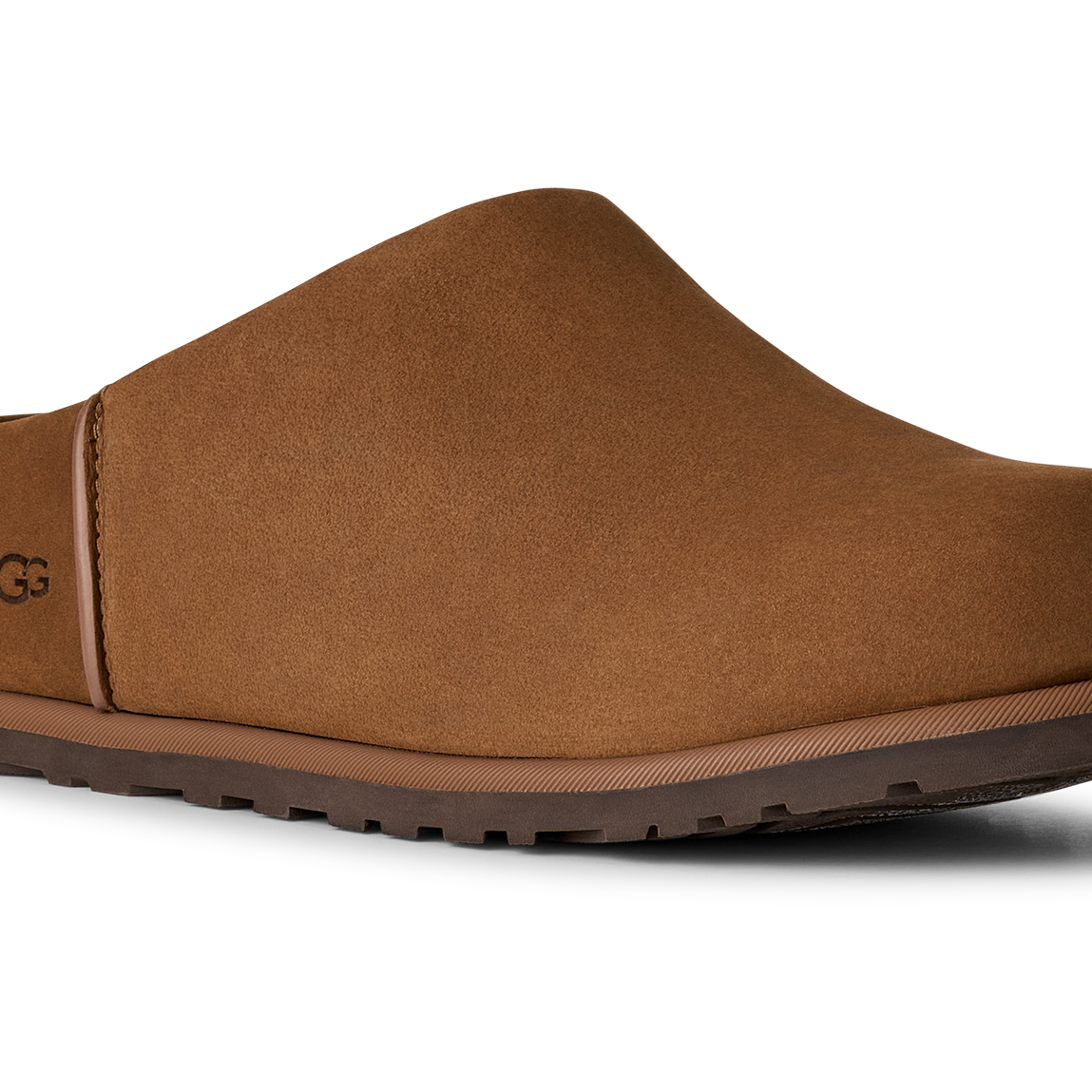 Brown slip-on shoe with UGG logo on a white background