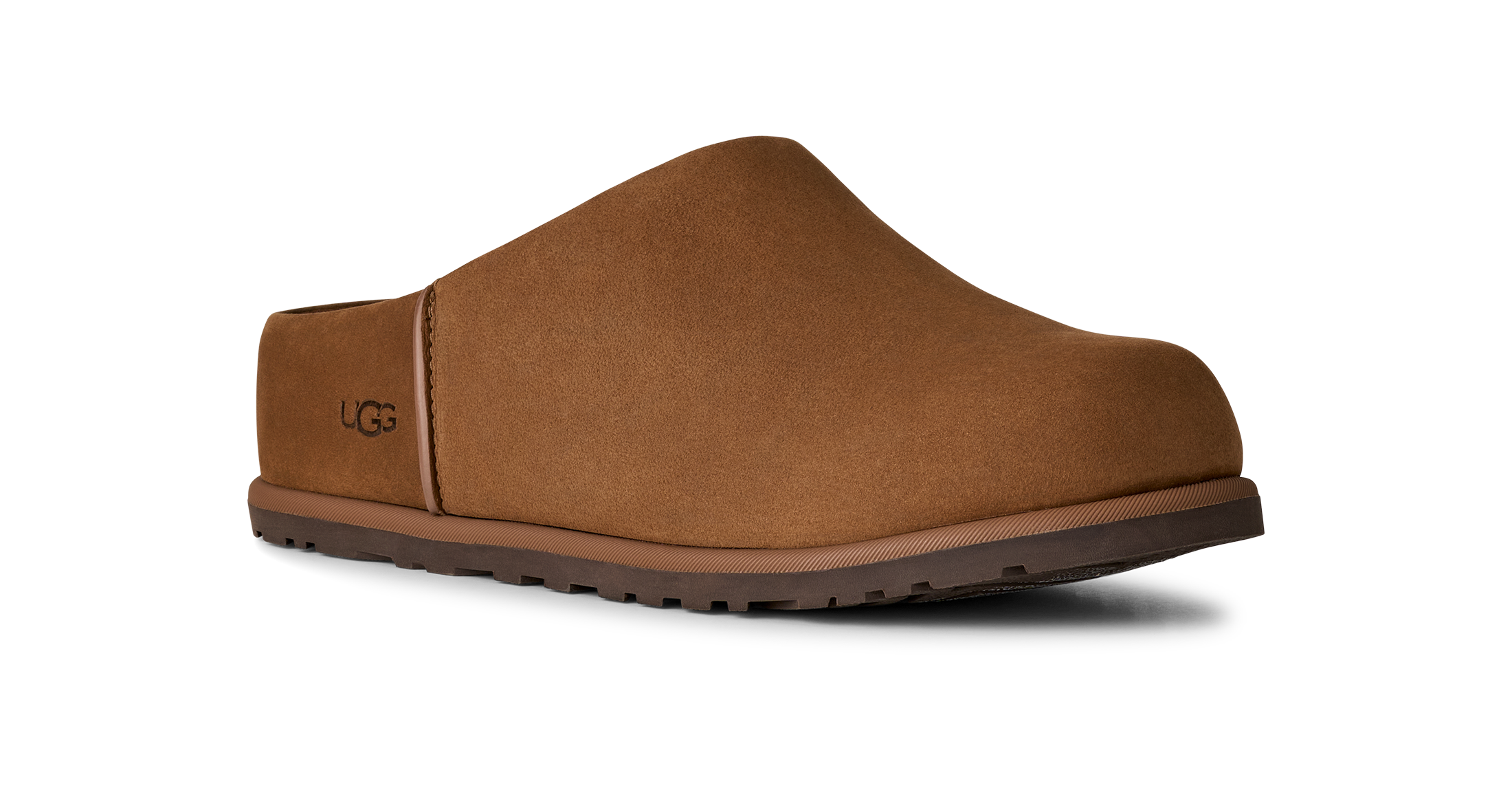 Brown slip-on shoe with UGG logo on a white background